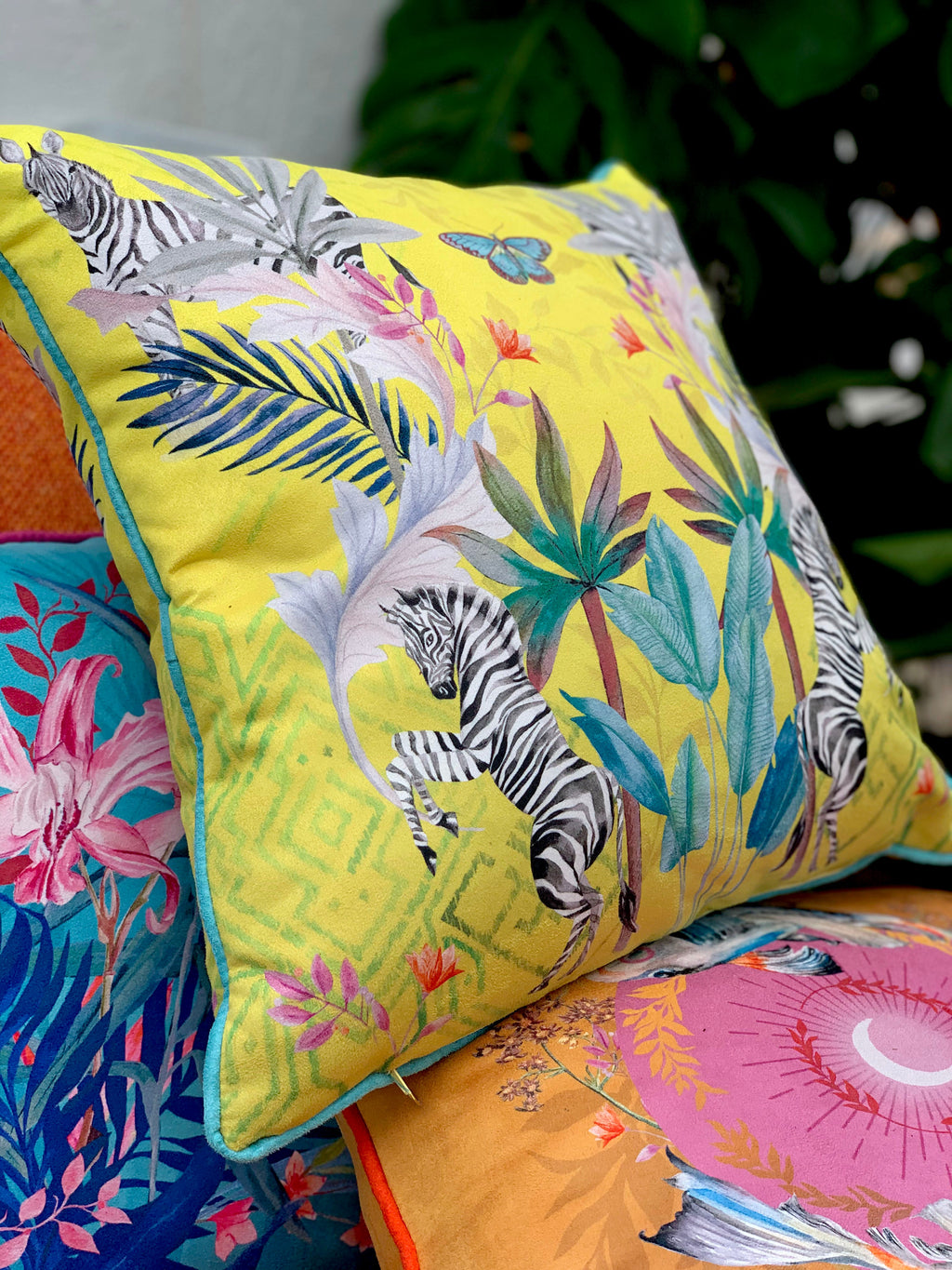 Vibrant citrus yellow watercolour art Cushion 'Stallion' double sided Zebra design, made from Vegan friendly Suede