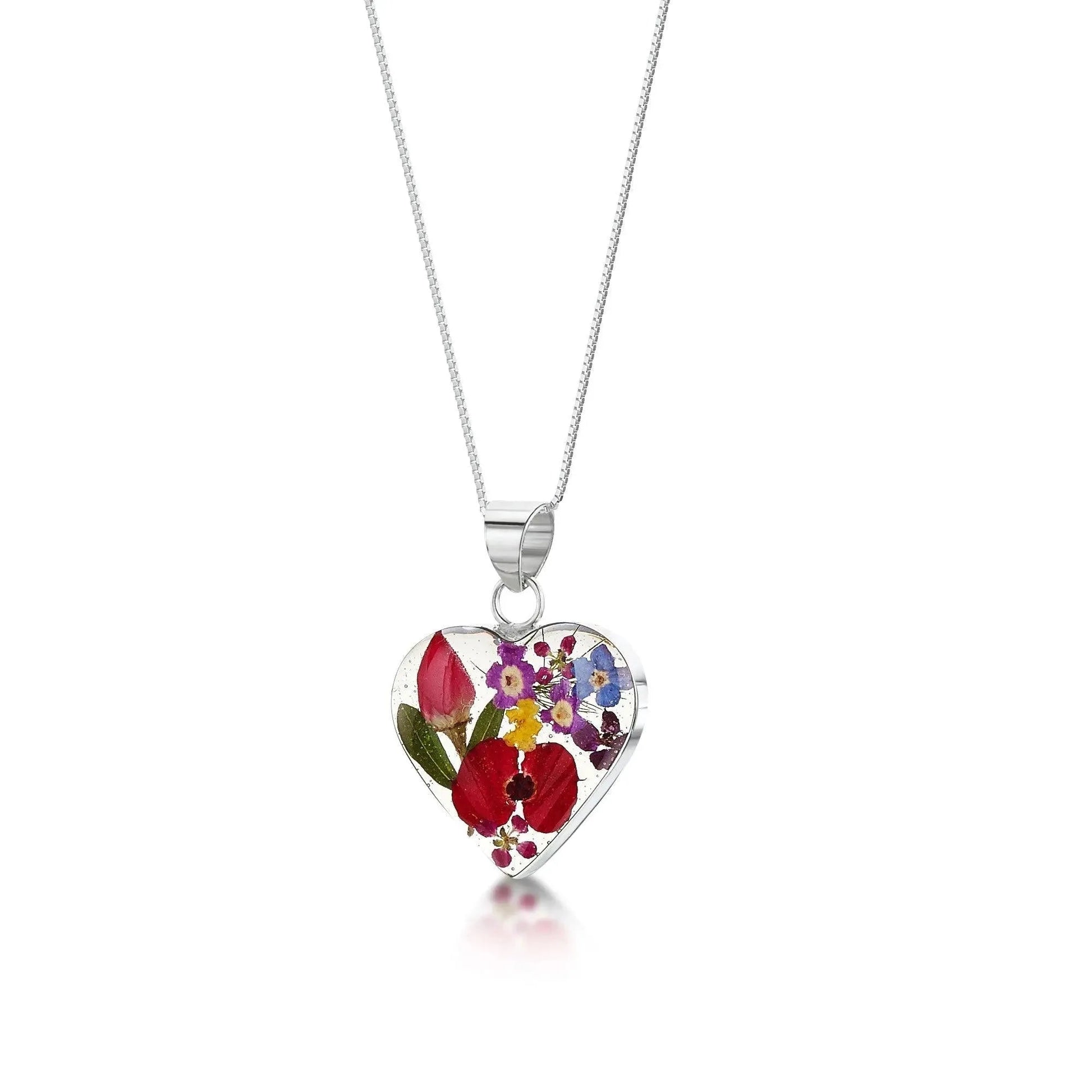 Sterling Silver Heart Pendant Necklace with Real Preserved Flowers