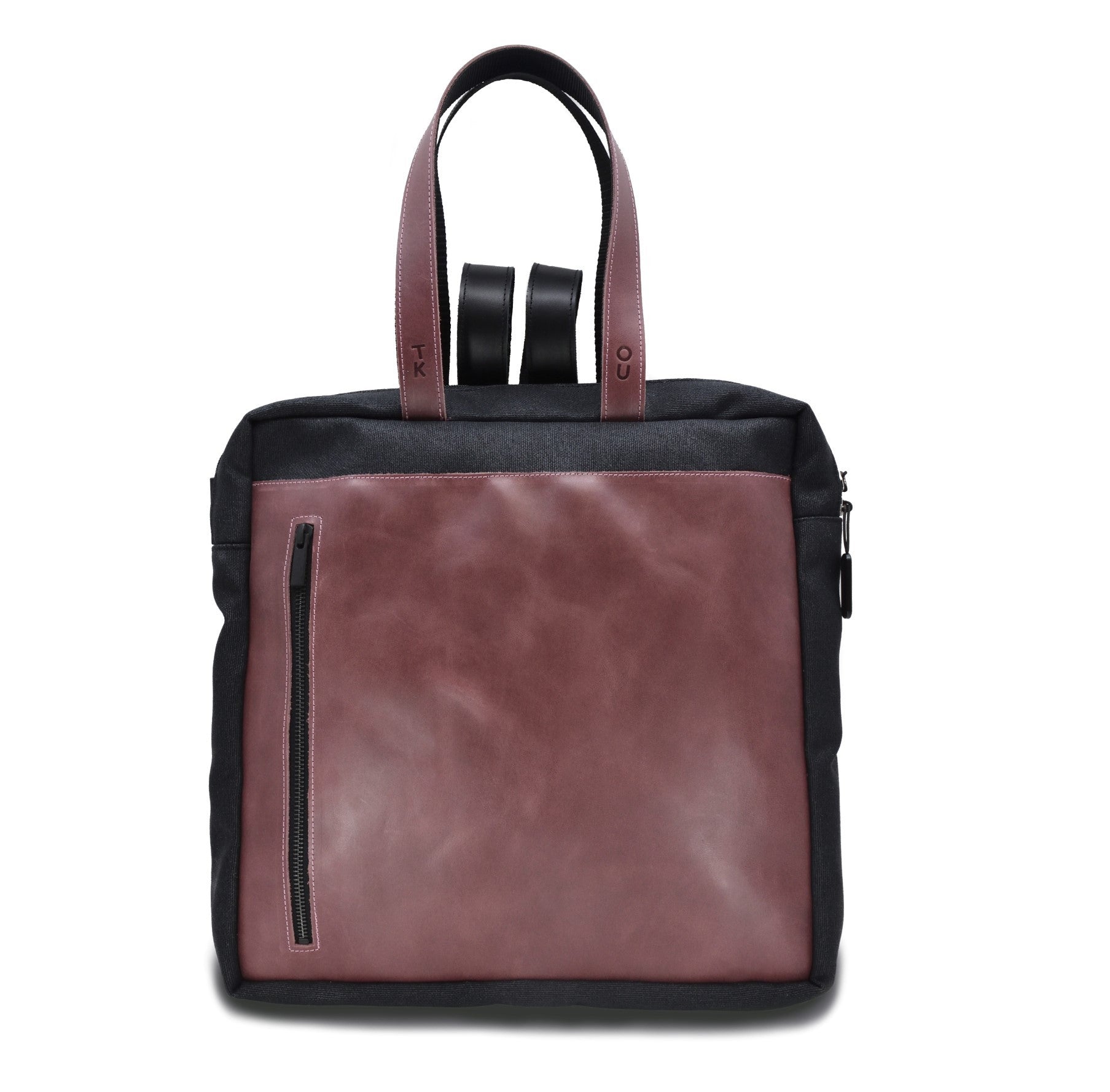 soft purple and black stockholm backpack with leather details, open to show spacious interior and laptop sleeve