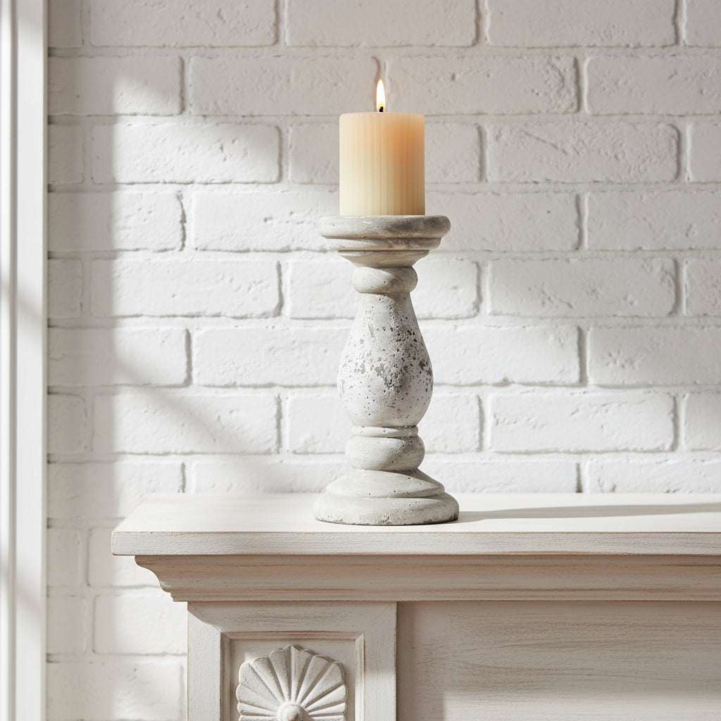 Handcrafted 34cm stone ceramic candle holder with weathered finish for rustic farmhouse or coastal decor. by Sostter at brixbailey.com