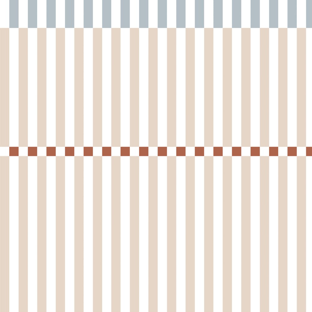 soft blue and beige vintage stripe wallpaper in a cozy kids room with warm morning light