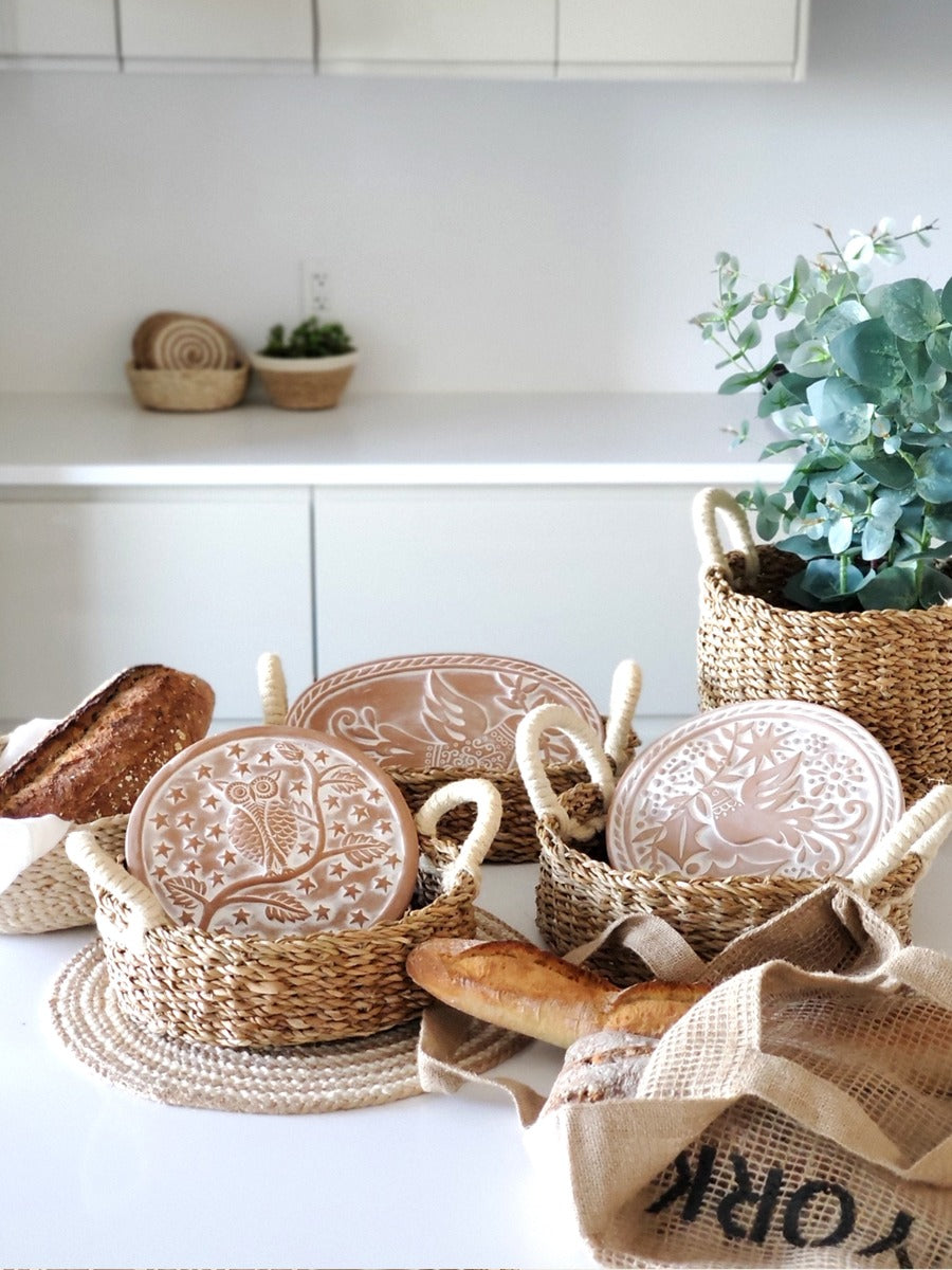 Round Bread Warmer and Seagrass Basket with Bird Design