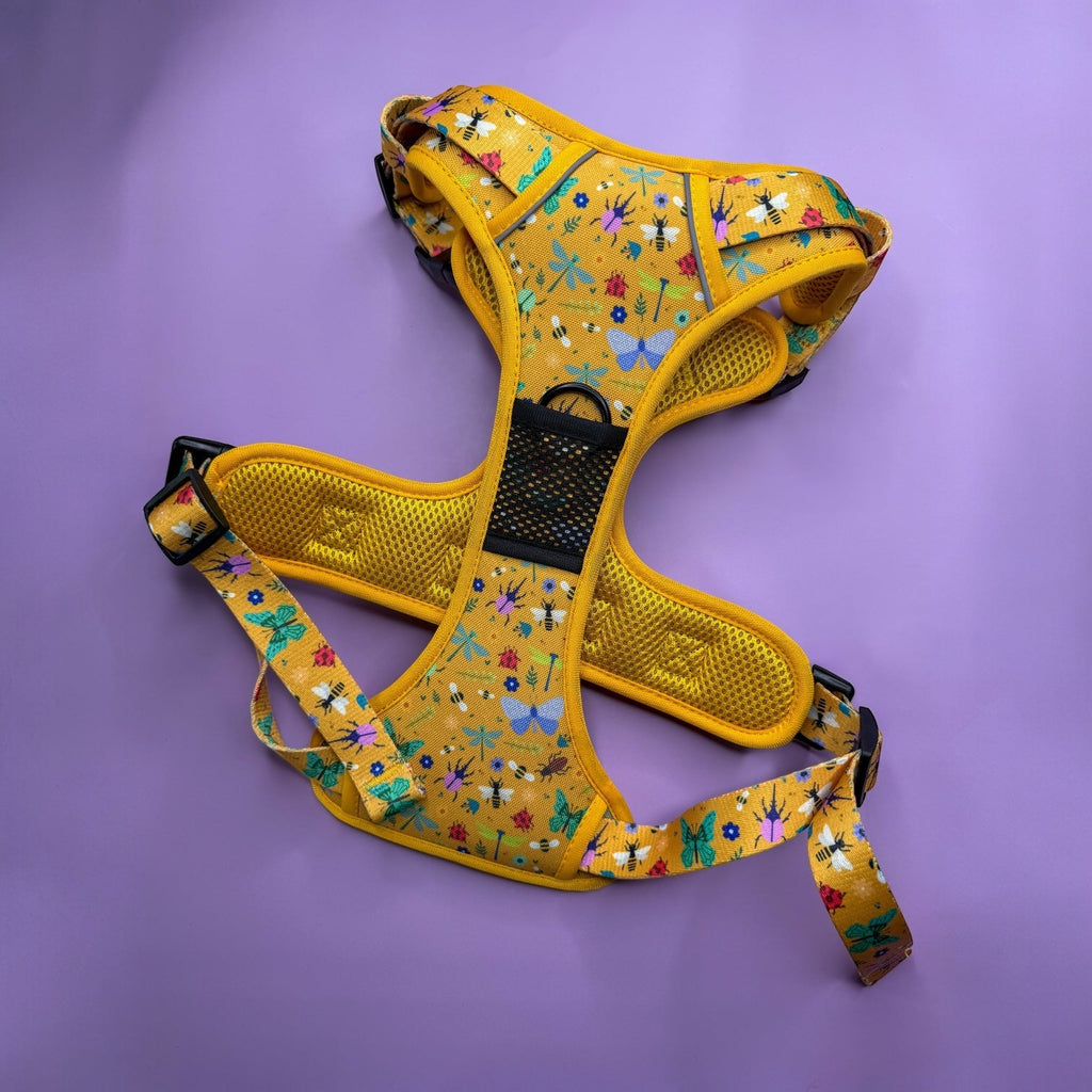 Summer Buzzin Yellow Insect Print No Pull Dog Harness, Adjustable Step In XS to XL