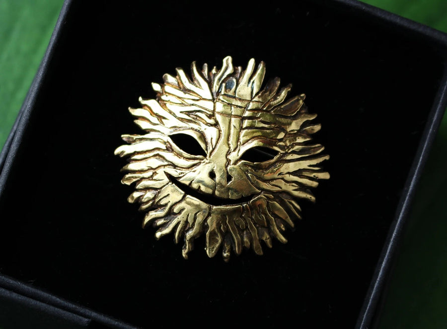 Delicate Sun Mask Brooch – Brass, Handmade in Estonia by Hvitolg at www.brixbailey.com