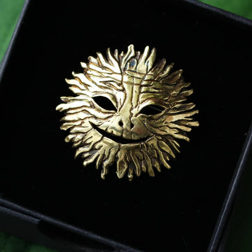 Sun Mask Brooch – Brass, Handcrafted in Estonia, 3x3 cm by Hvitolg at www.brixbailey.com