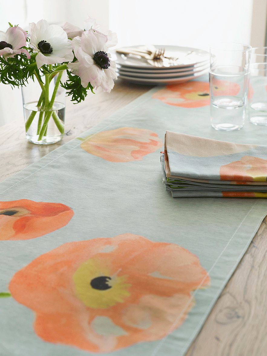 Peach Poppies on Grey Table Runner