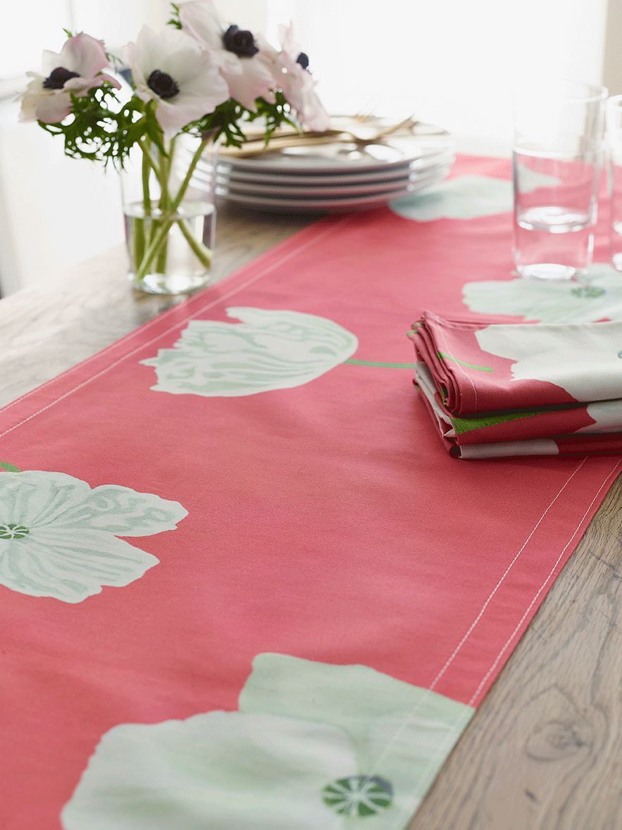 White Poppies on Pink Table Runner