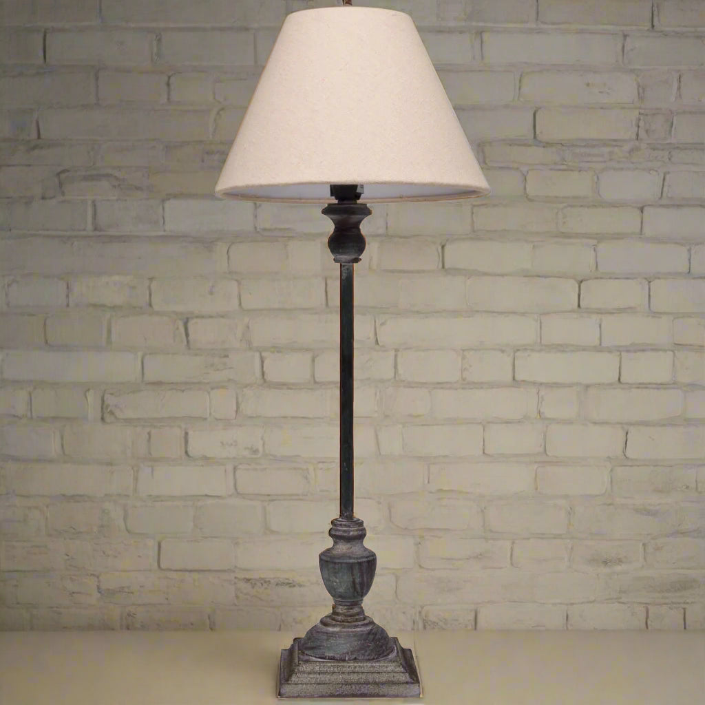 Handcrafted Incia table lamp with grey-washed wood base and natural linen shade for modern or rustic decor by Sostter at brixbailey.com
