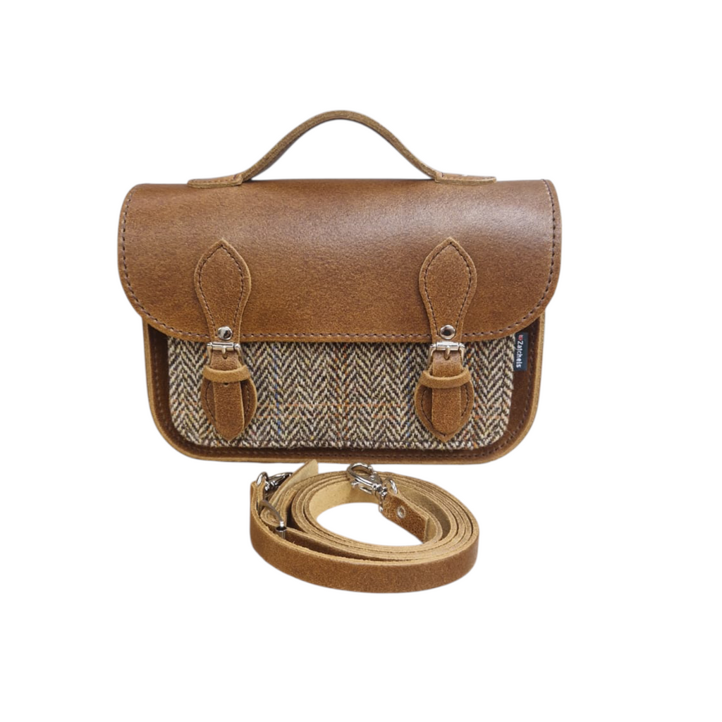 Midi Tan and Tweed Satchel Leather Handbag