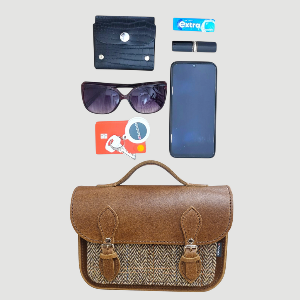 Midi Tan and Tweed Satchel Leather Handbag