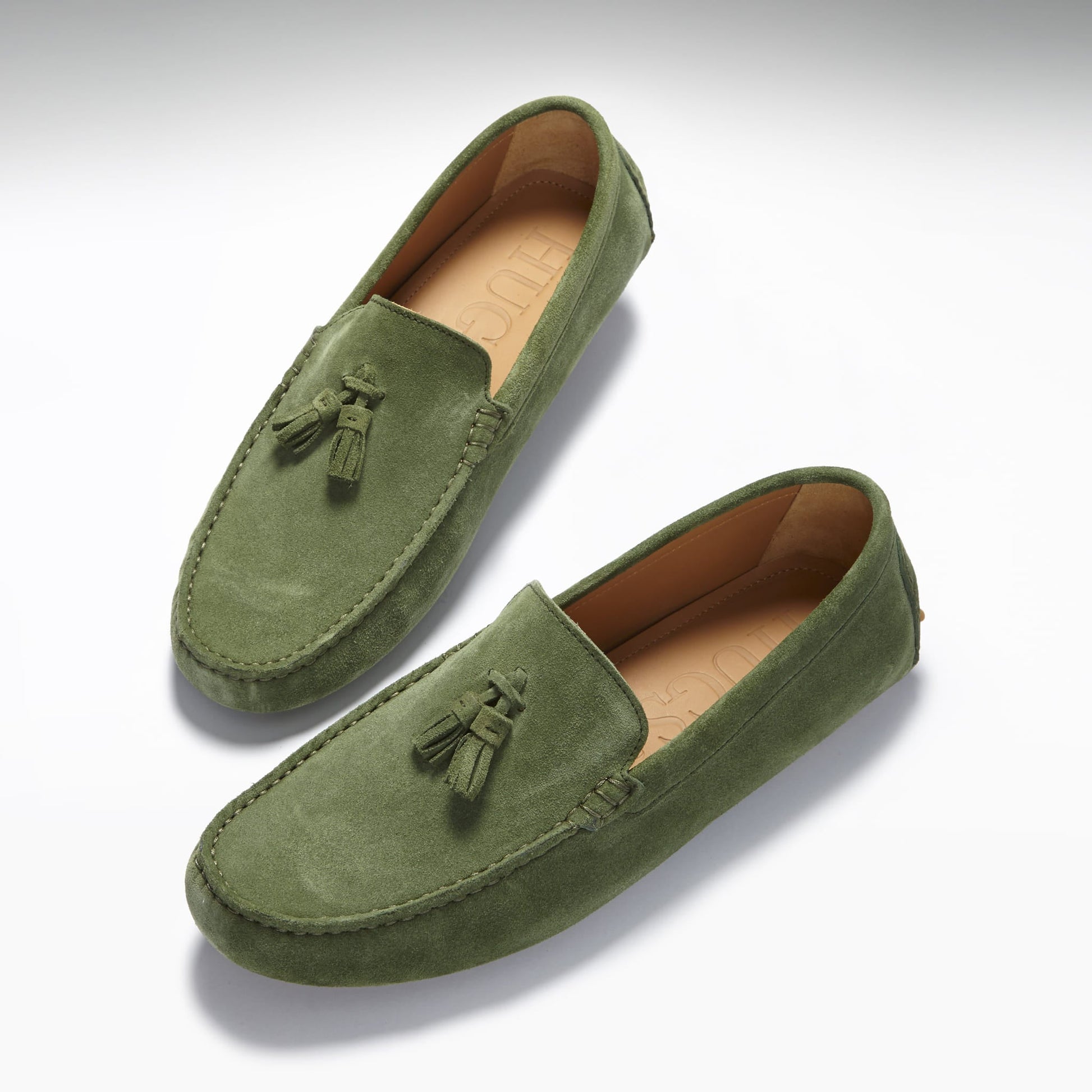 Safari Green Suede Tasselled Driving Loafers