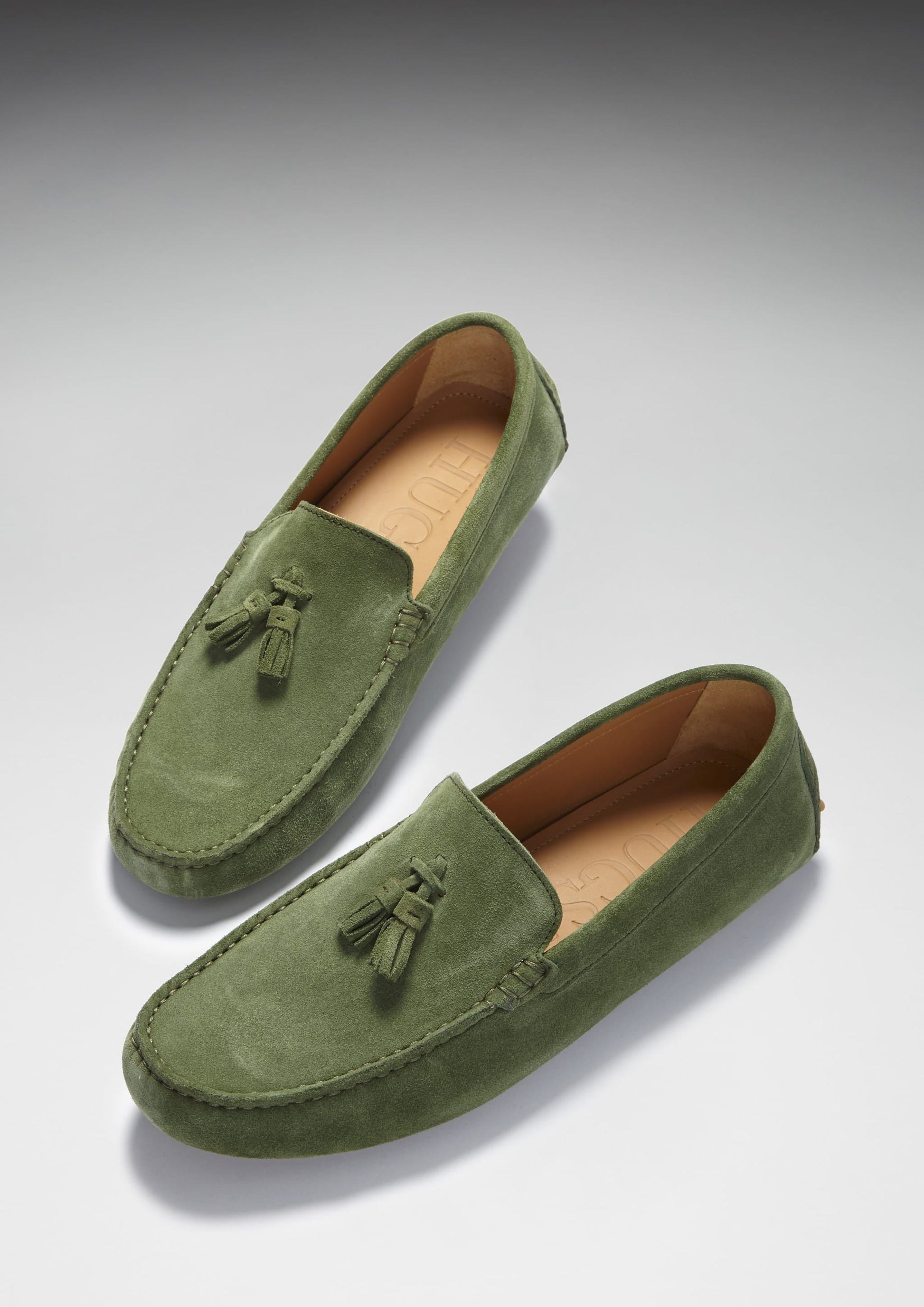 Safari Green Suede Tasselled Driving Loafers