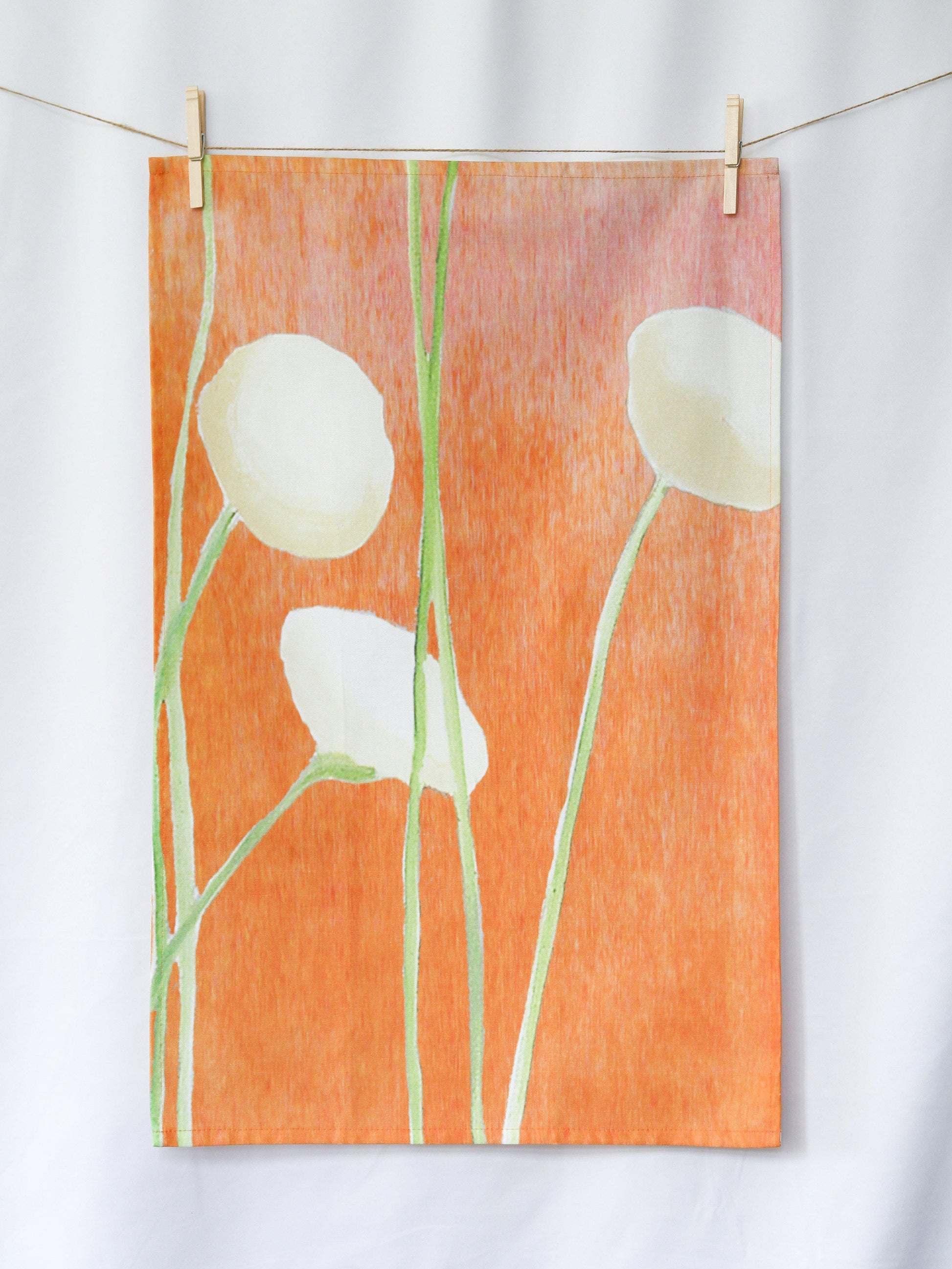 Cream Flowers on Orange Tea Towel