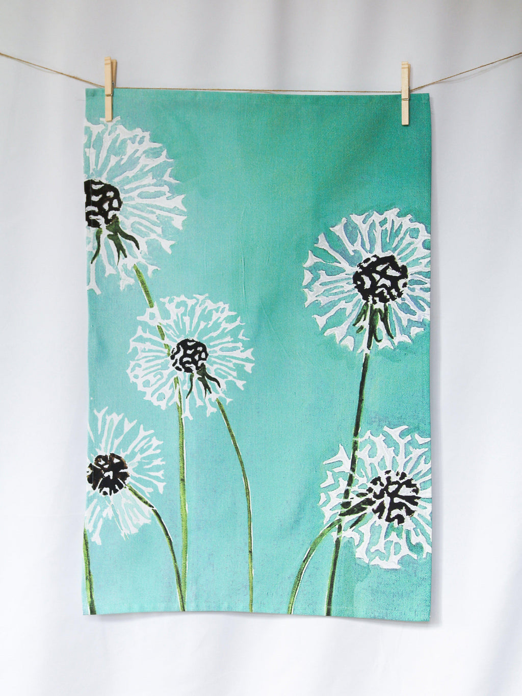 Tea Towel Dandelions on Aqua