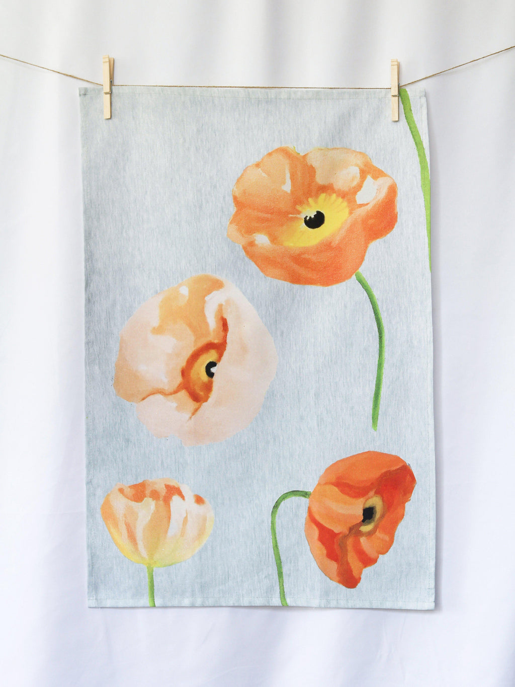 Peach Poppies Tea Towel in Grey