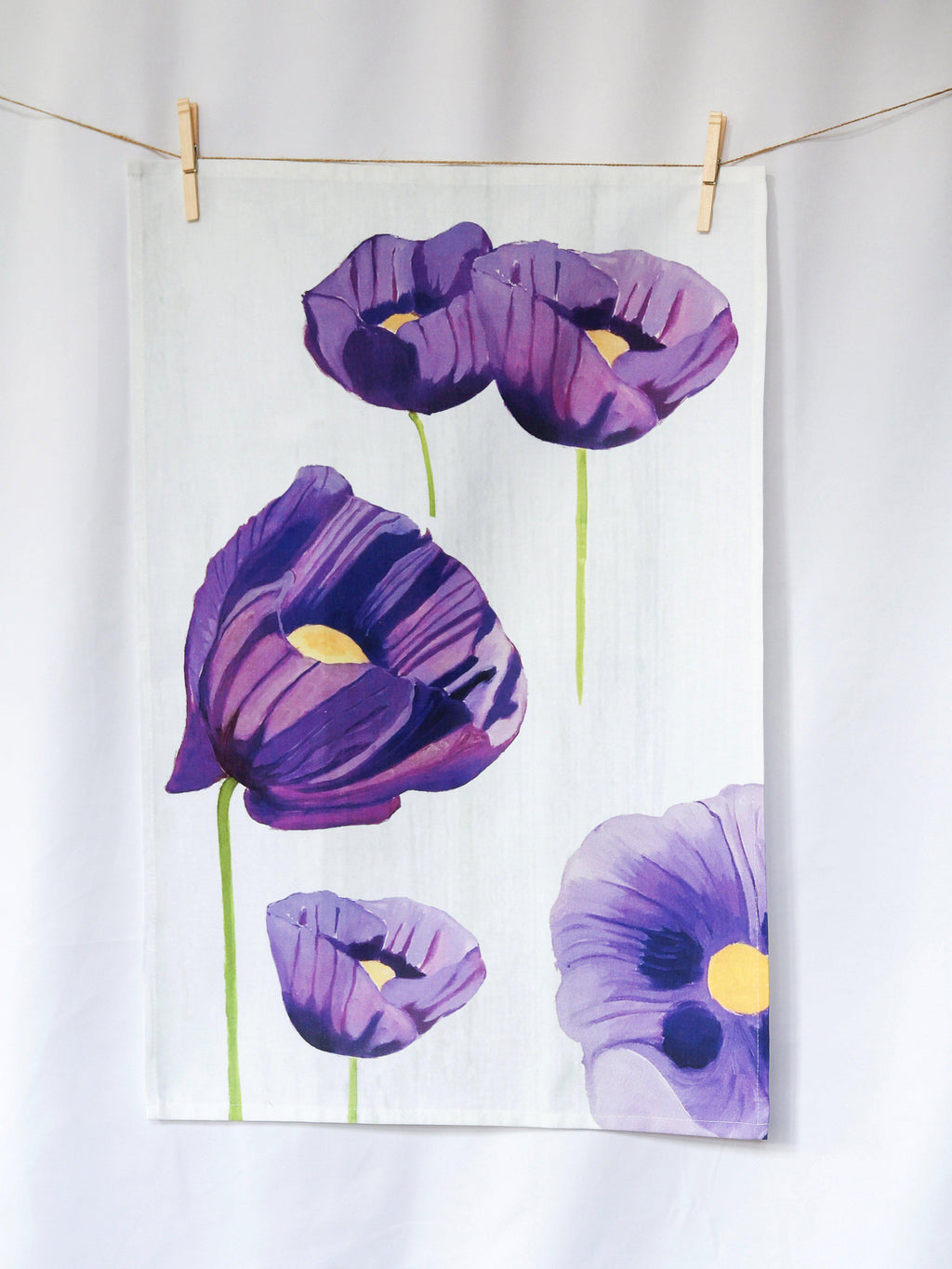 Purple Poppies on Snow Tea Towel