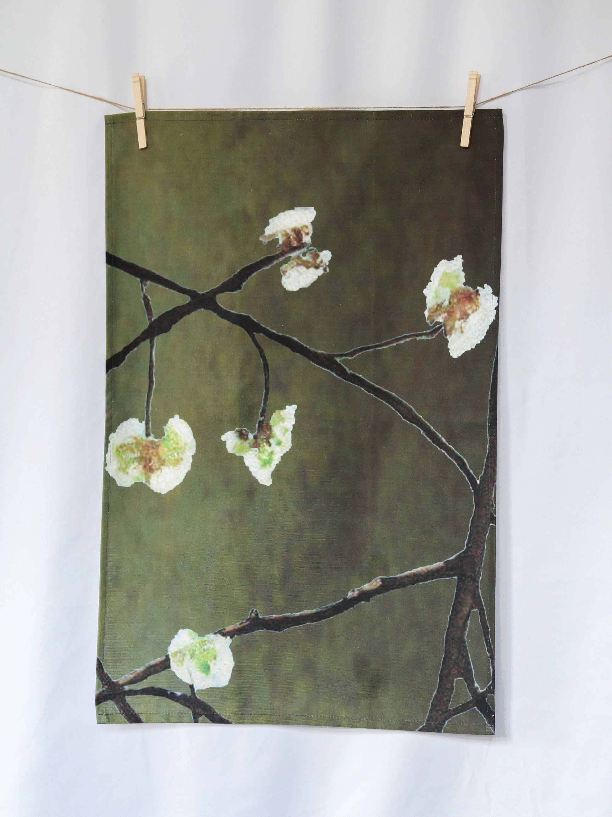 White Flowers on Green Cotton Tea Towel