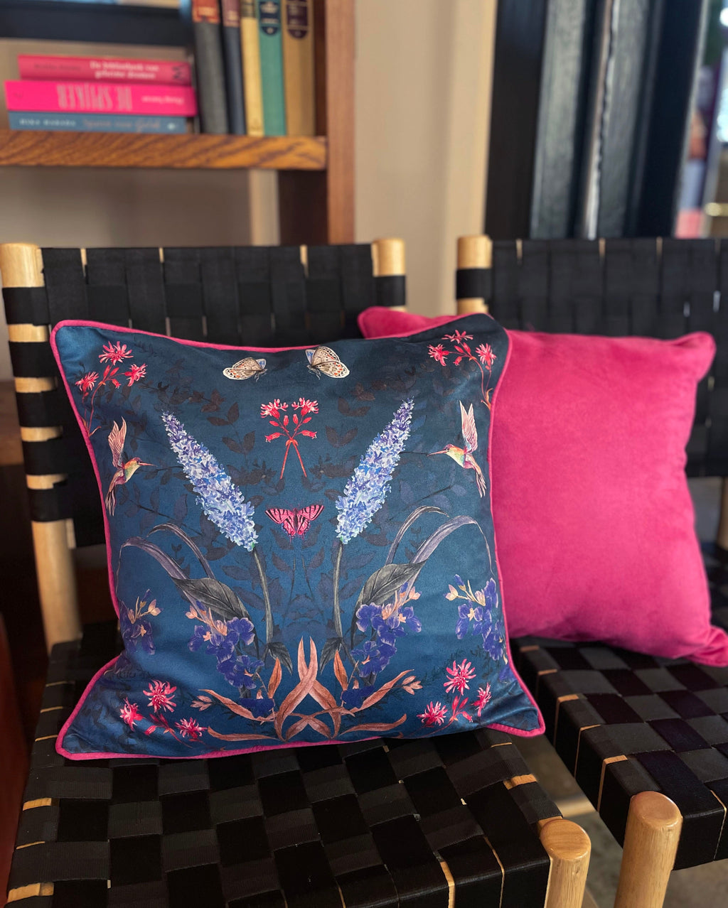 Teal cushion with watercolour botanical art 'Serene' double sided square design