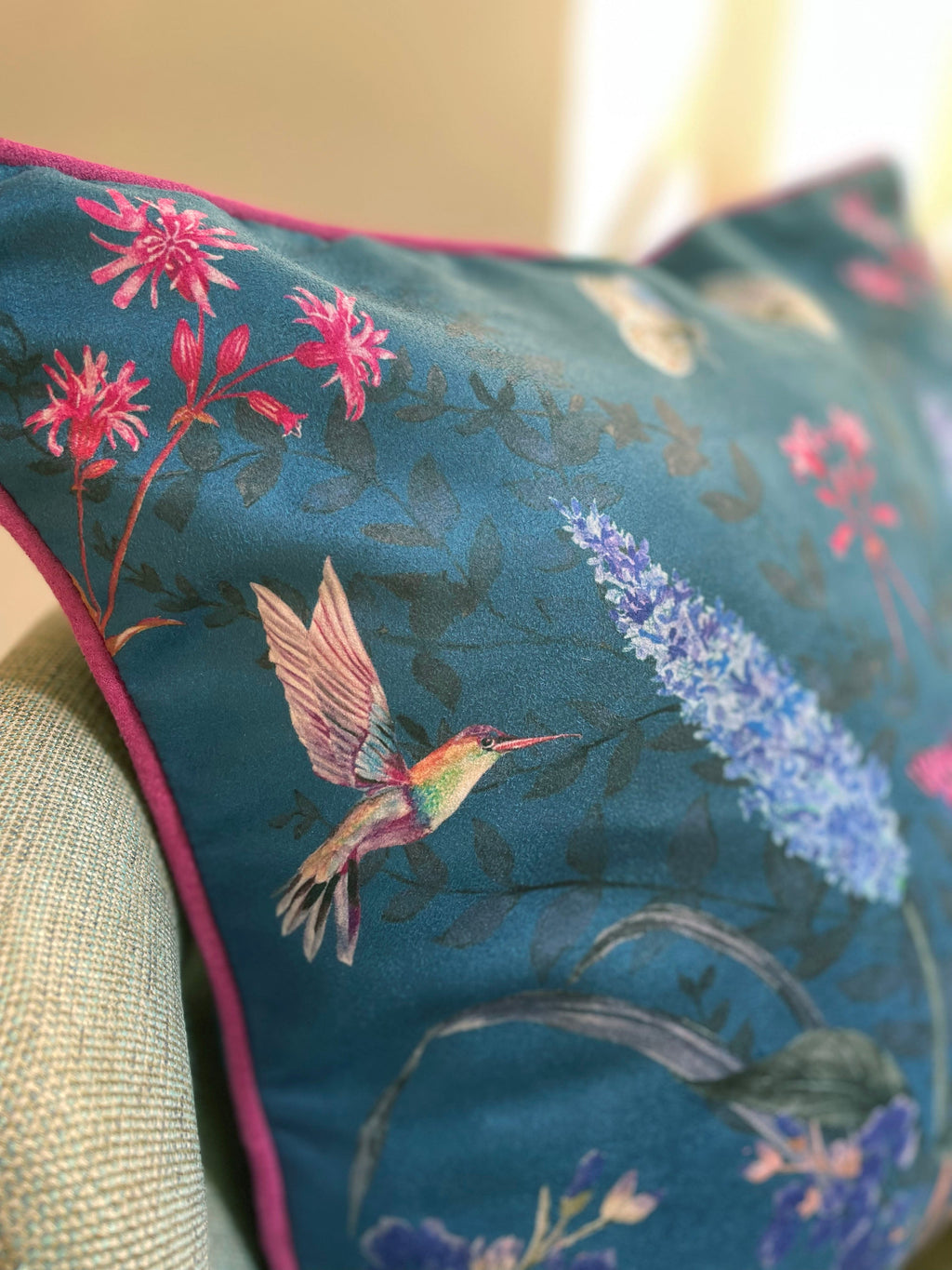 Teal cushion with watercolour botanical art 'Serene' double sided square design