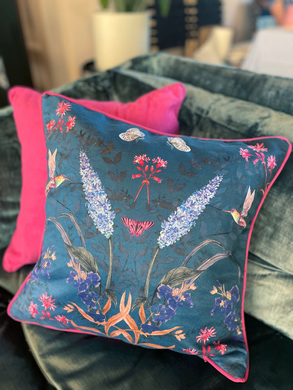 Teal cushion with watercolour botanical art 'Serene' double sided square design