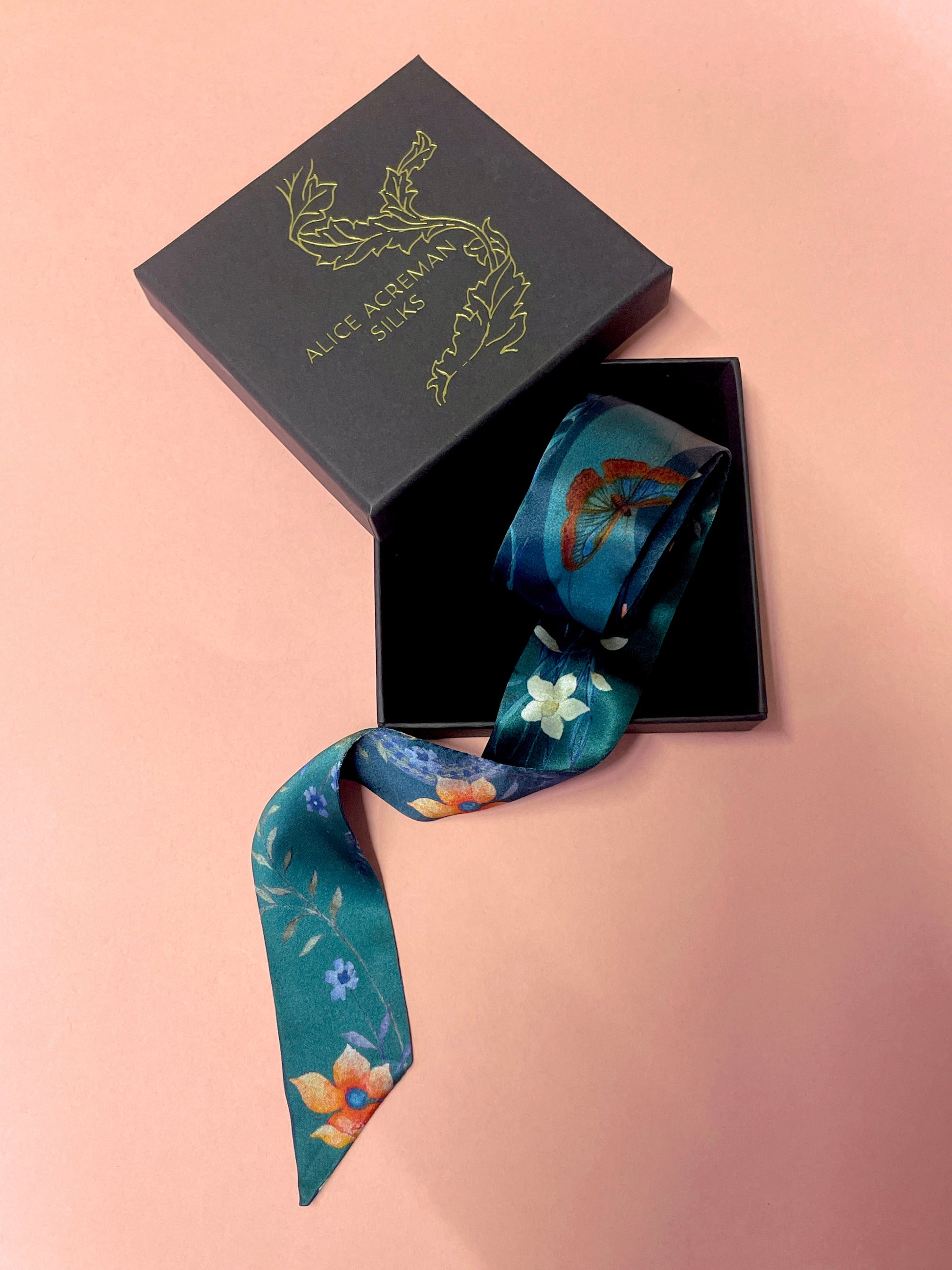 Teal Silk Satin Ultra Skinny Scarf with Morpho Butterfly and Floral Print
