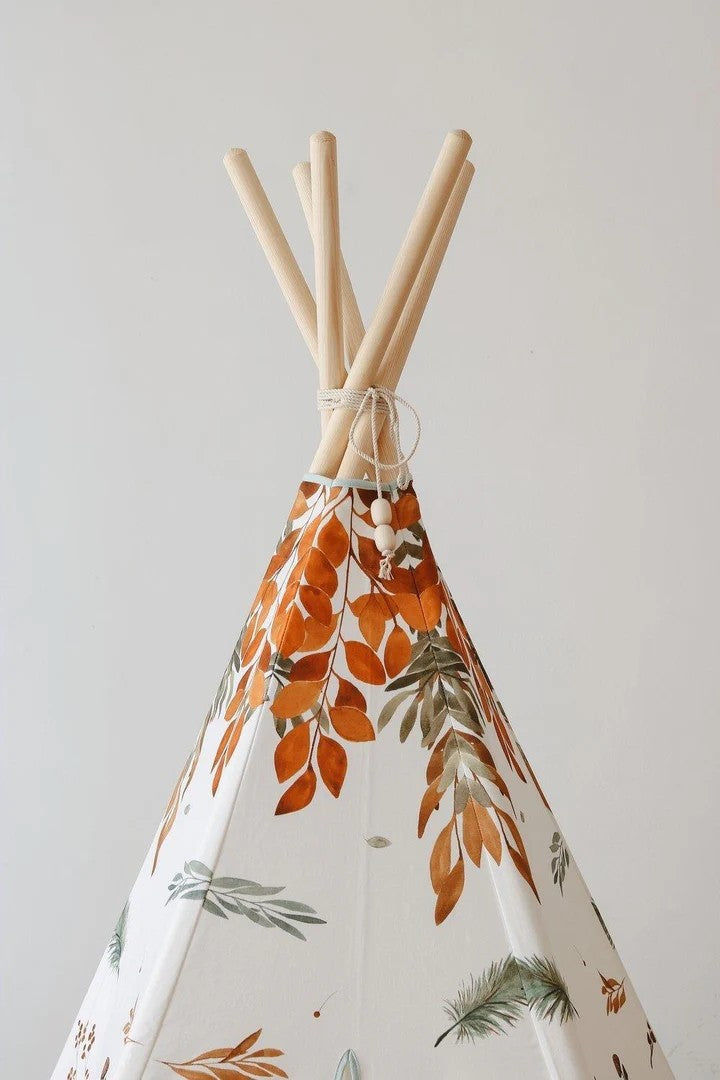 folded forest friends teepee tent in its chic cotton storage cover