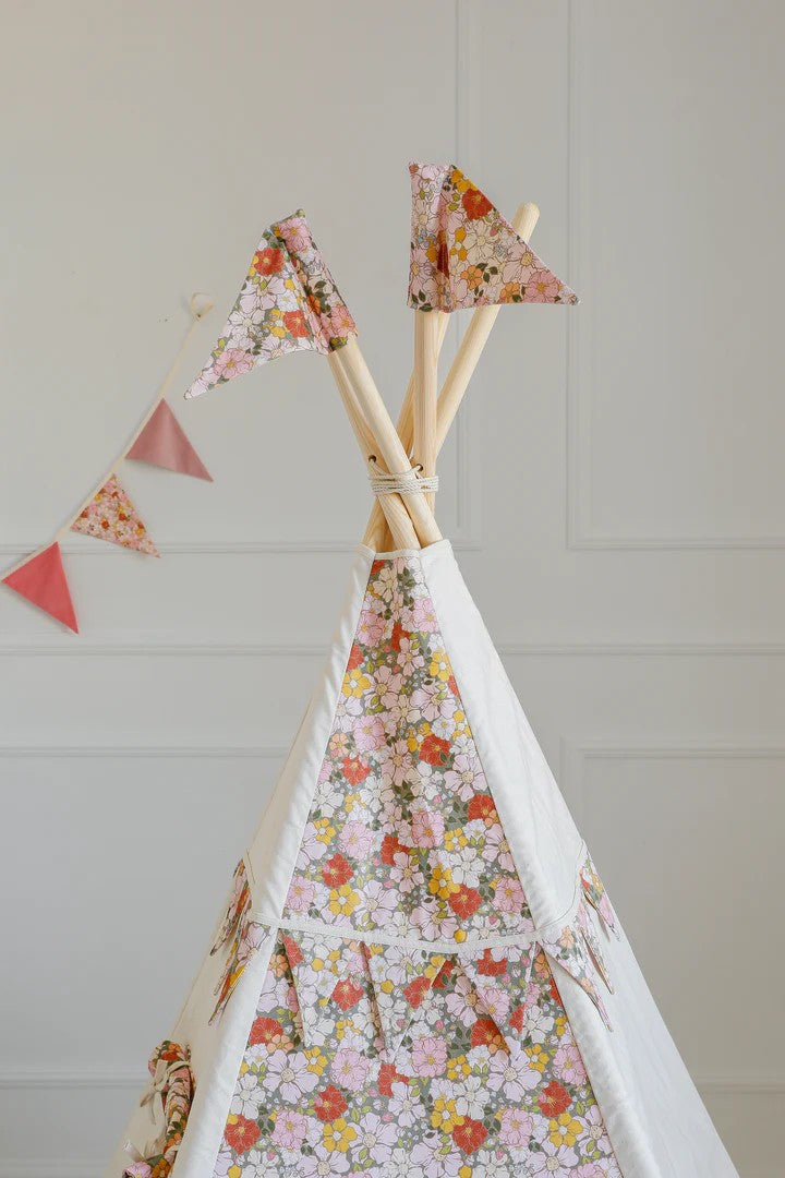 bold green garden teepee tent with floral print, pine poles, and cozy window, ready for adventure