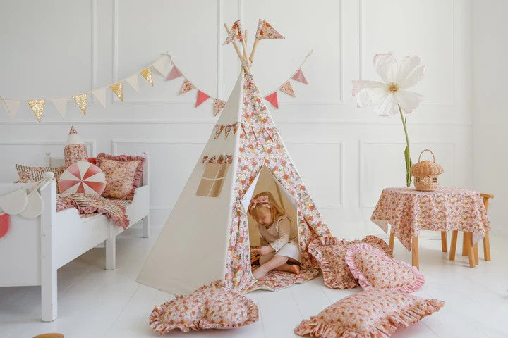 green garden teepee tent with floral print, set up in a sunlit playroom corner, inviting cozy adventures
