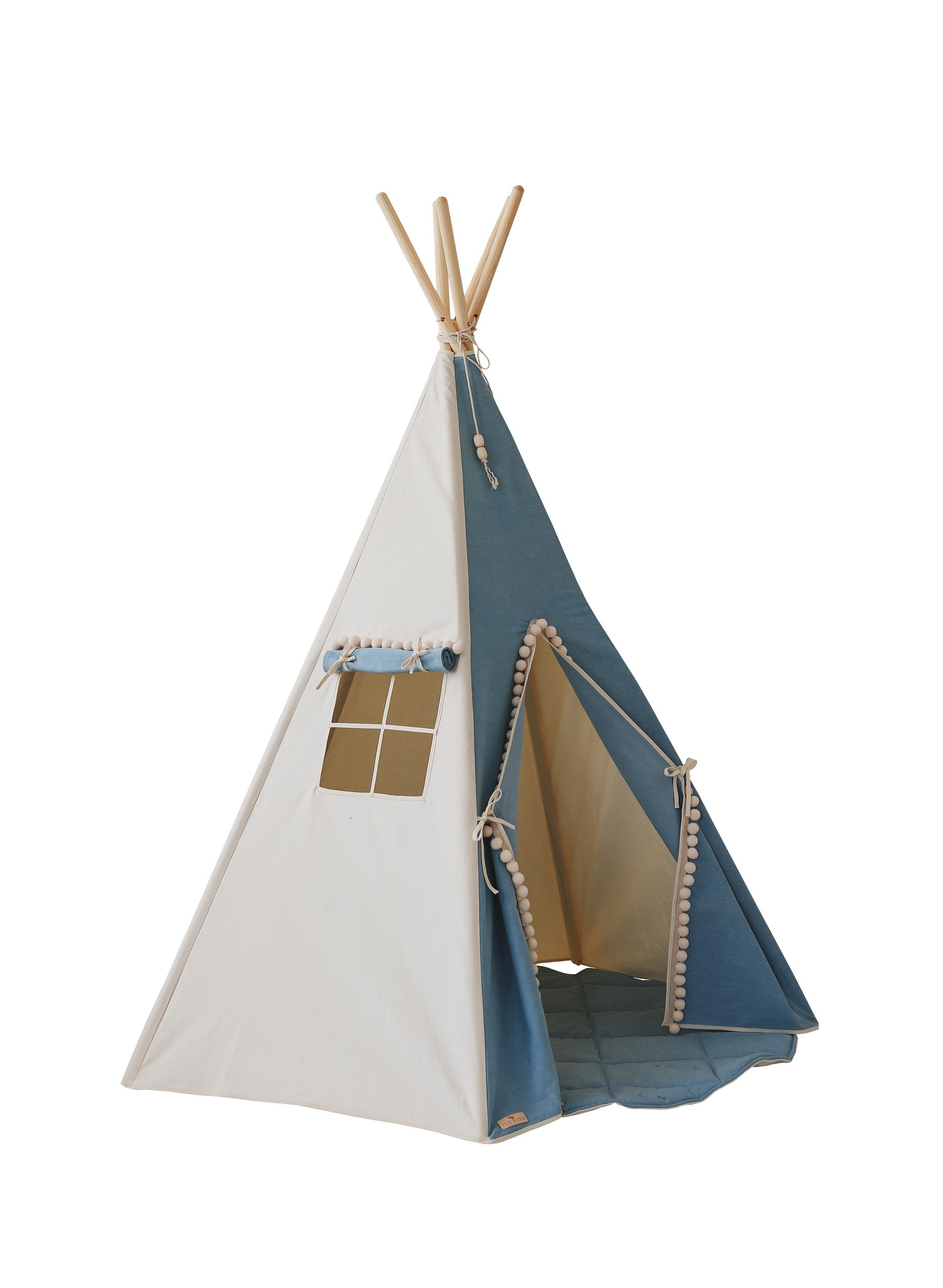 kids denim teepee tent with playful pompoms, open window, and cozy interior for imaginative play