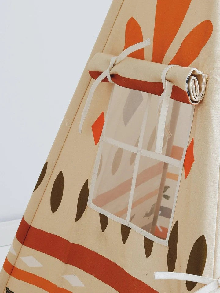 native vibe teepee tent with bold geometric prints, sturdy pine poles, and cotton fabric, set up in a sunlit garden