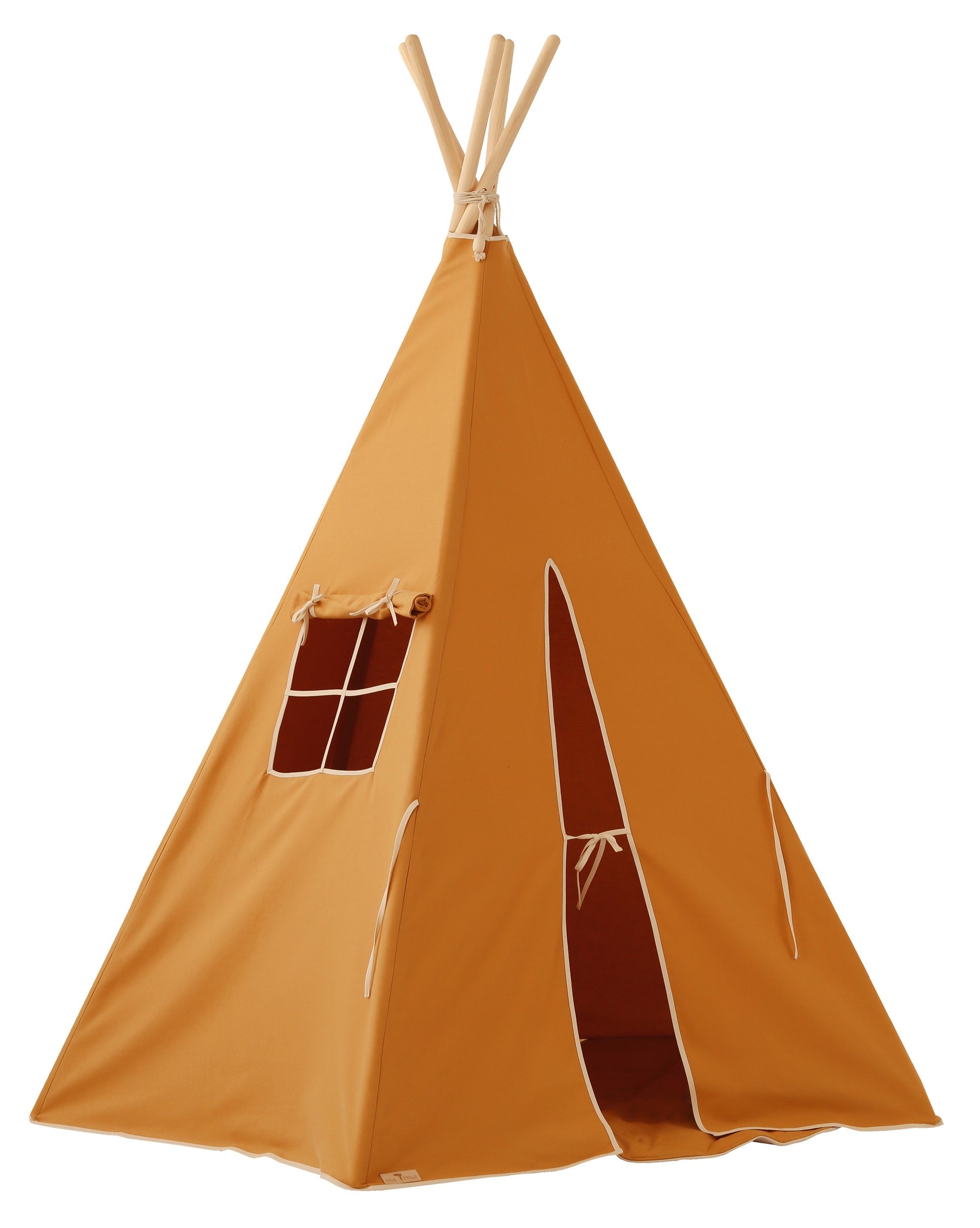 a soft orange kids teepee tent with cozy cotton fabric and pine poles, bathed in gentle morning light