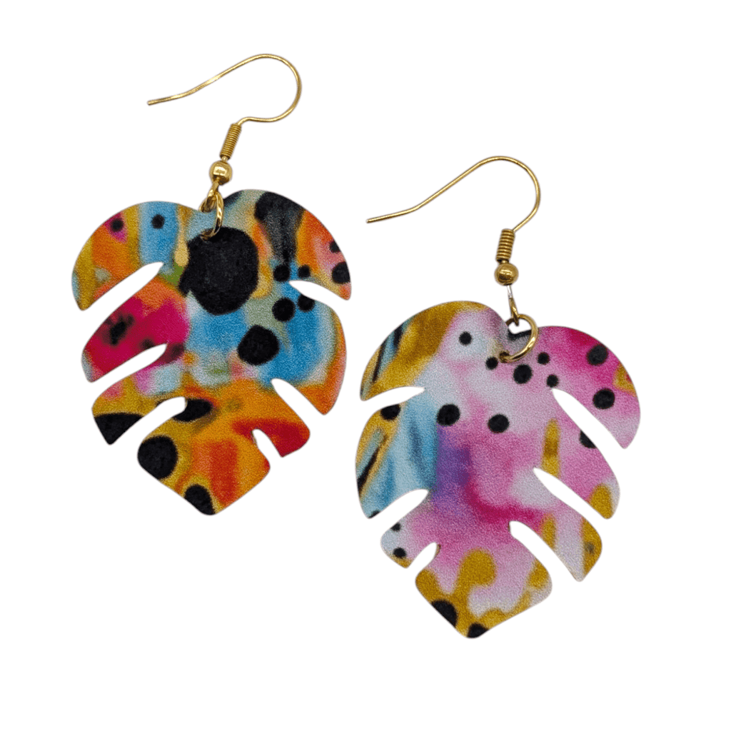 Rainbow monstera leaf earrings