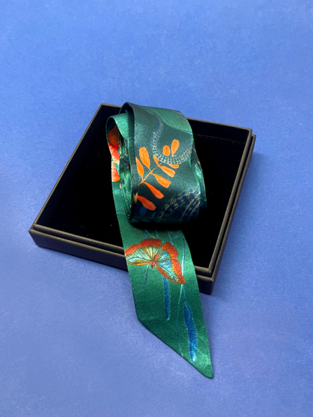 Teal Silk Satin Ultra Skinny Scarf with Morpho Butterfly and Floral Print