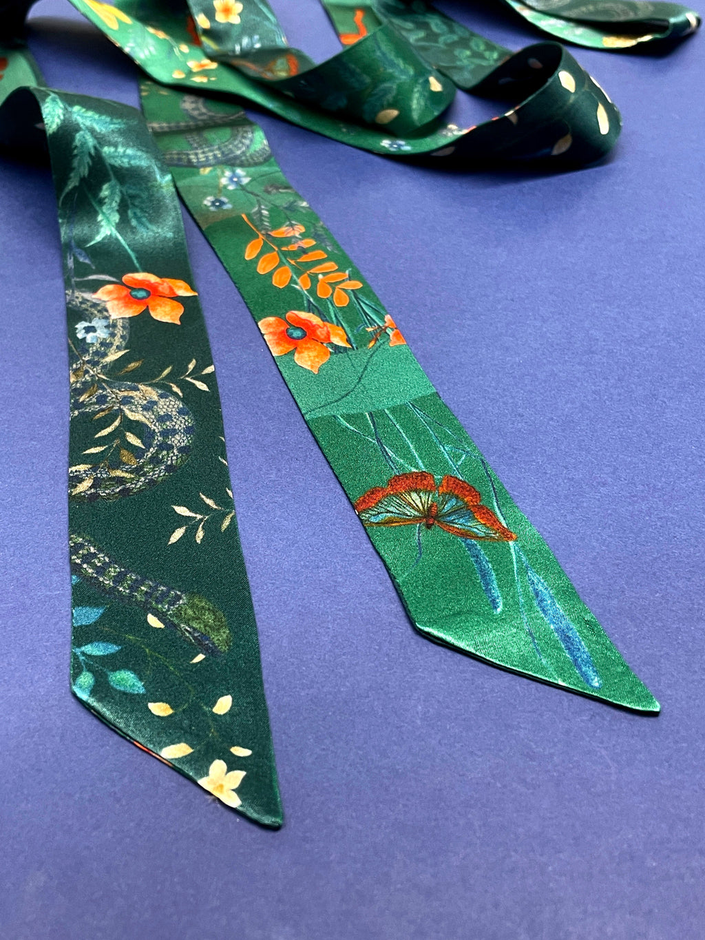 Teal Silk Satin Ultra Skinny Scarf with Morpho Butterfly and Floral Print