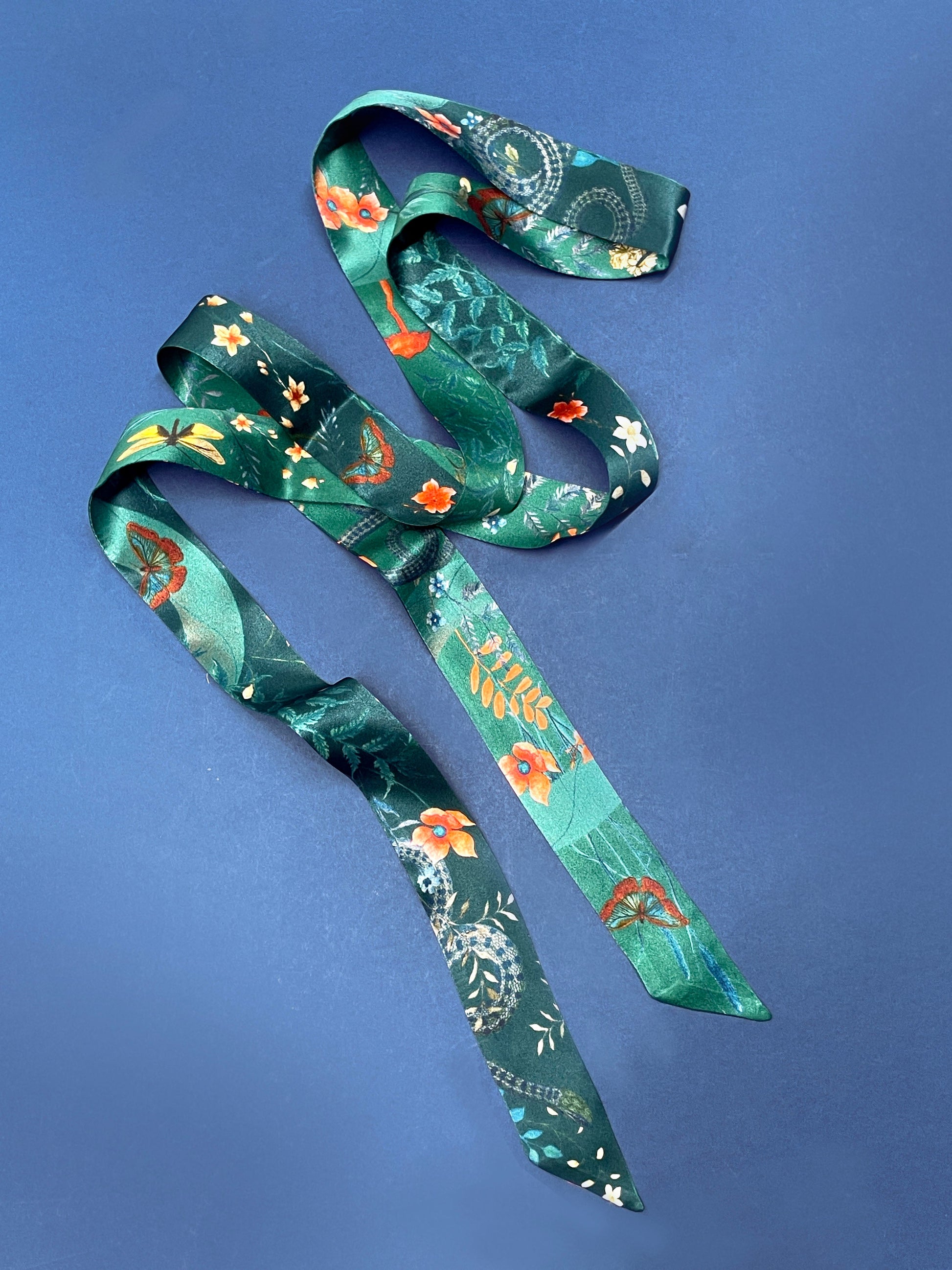 Teal Silk Satin Ultra Skinny Scarf with Morpho Butterfly and Floral Print