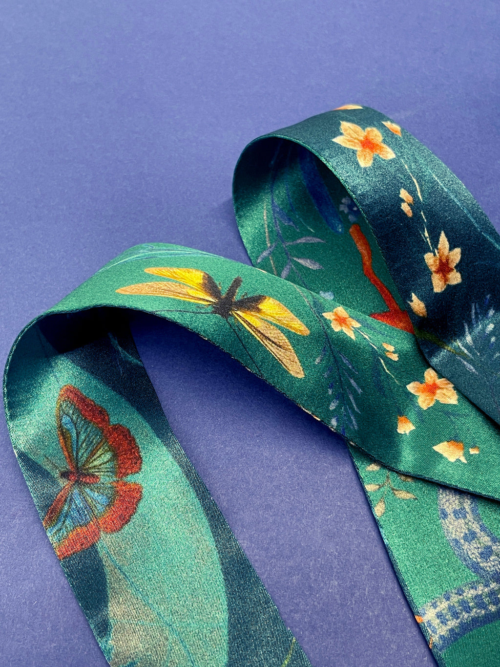 Teal Silk Satin Ultra Skinny Scarf with Morpho Butterfly and Floral Print