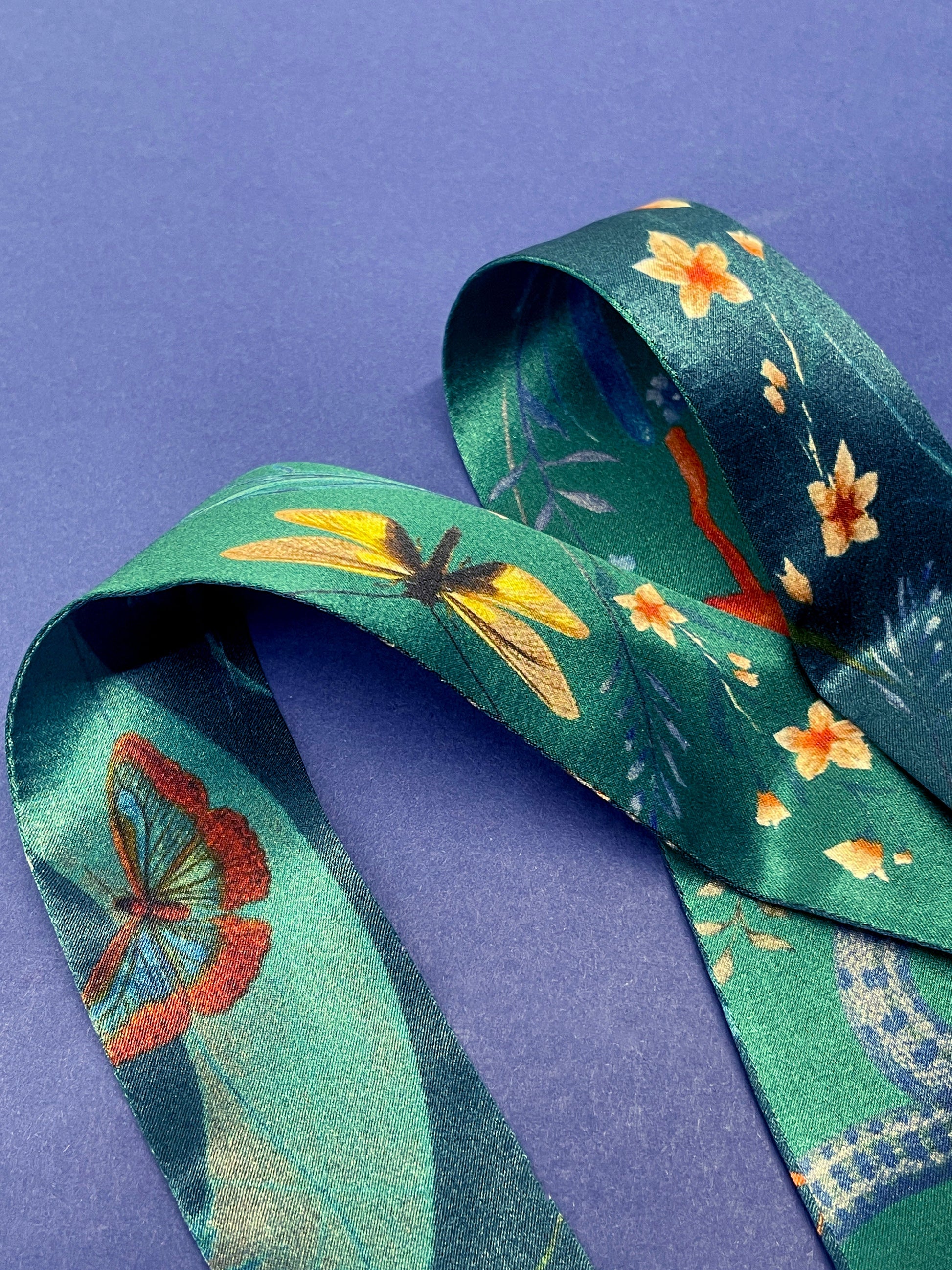 Teal Silk Satin Ultra Skinny Scarf with Morpho Butterfly and Floral Print