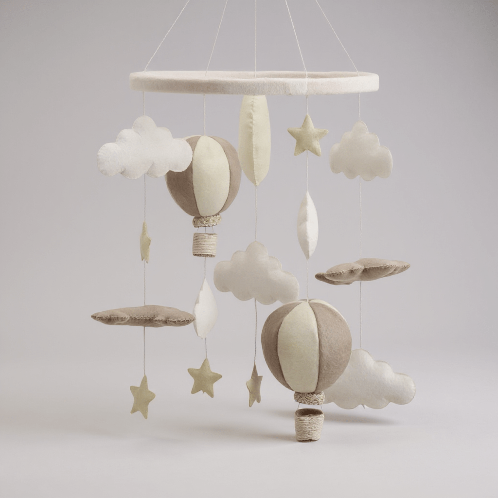 Night Flight Nursery Mobile with Hand-Felted Balloons and Moon
