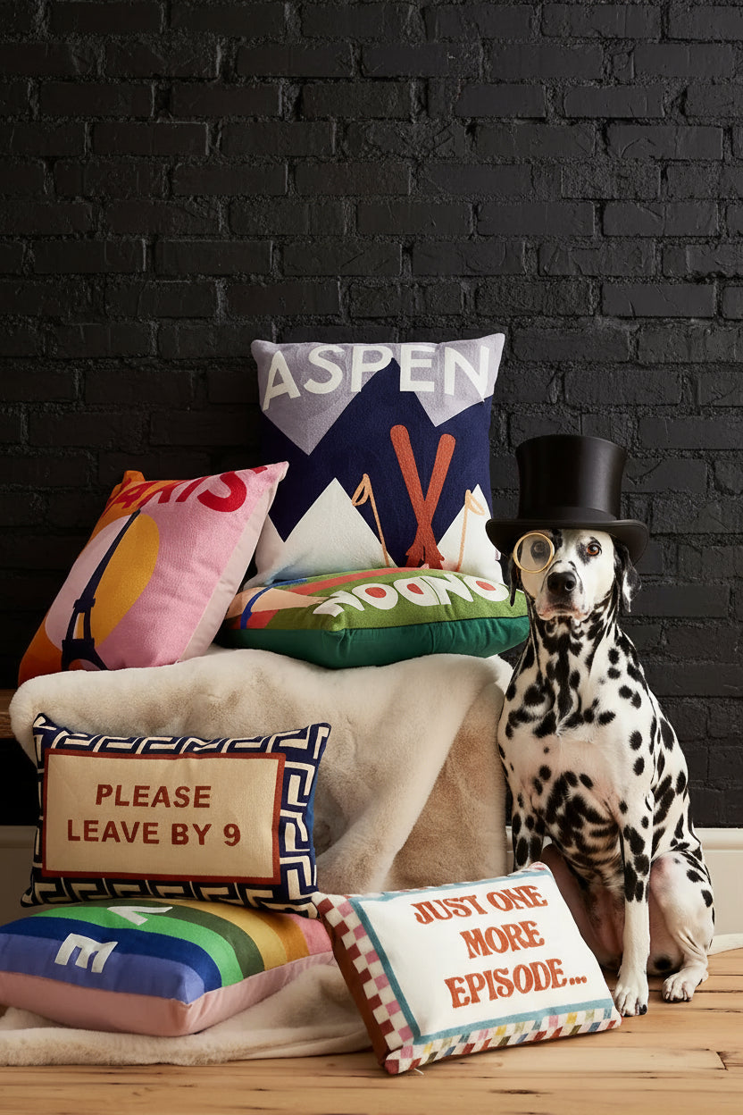 he Pillow Drop cushions — colourful designer pillows and throws displayed with a golden retriever wearing a red bow, available at Sostter
