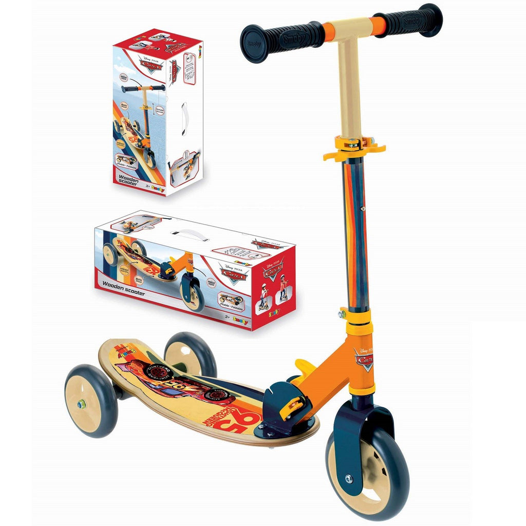 playful kids riding a bright red cars-themed wooden scooter with anti-slip wheels, laughing outdoors