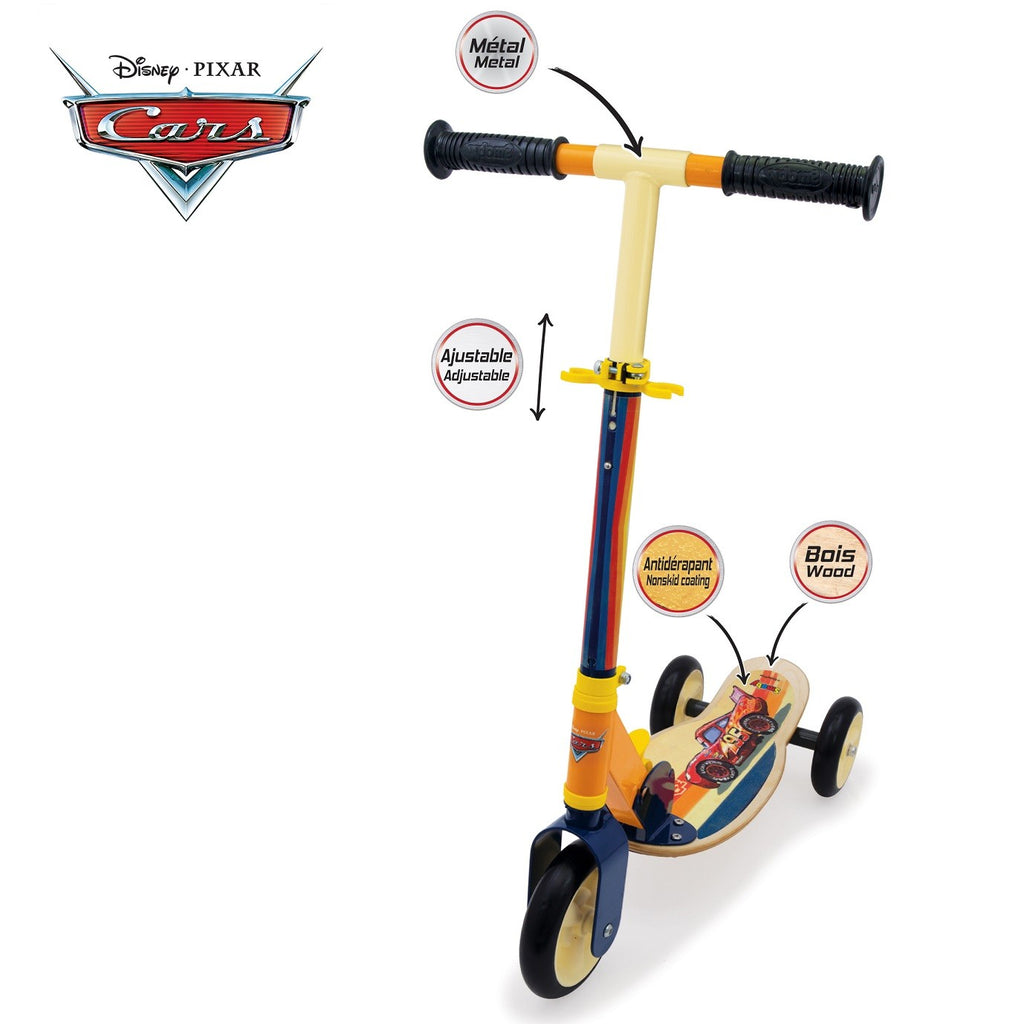 kids' wooden cars scooter with bright red wheels and lightning mcqueen decal, ready for adventure