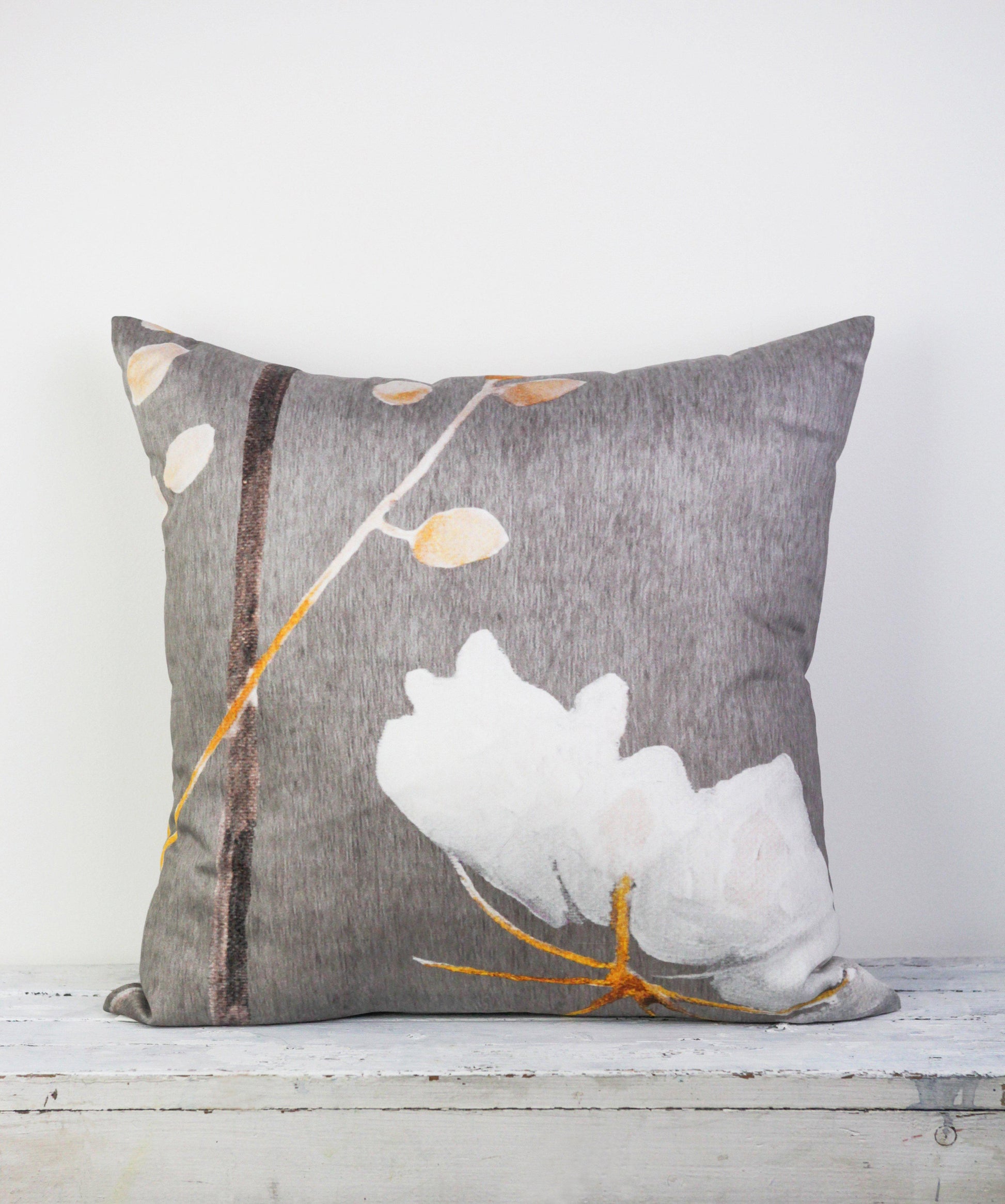 Cotton Sateen Throw Pillow with Big White Flower on Grey