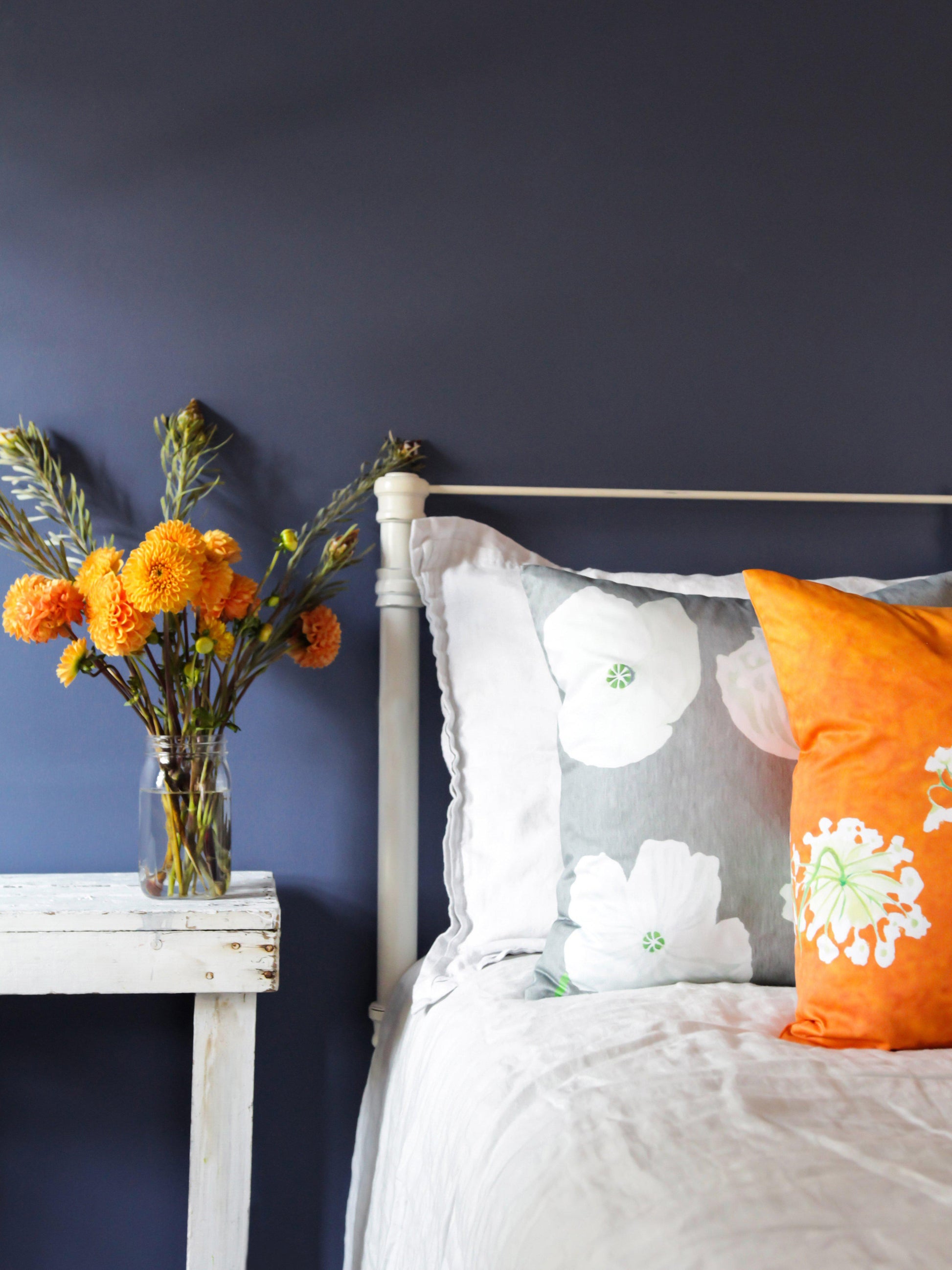 White Poppies on Grey Throw Pillow 18 inch