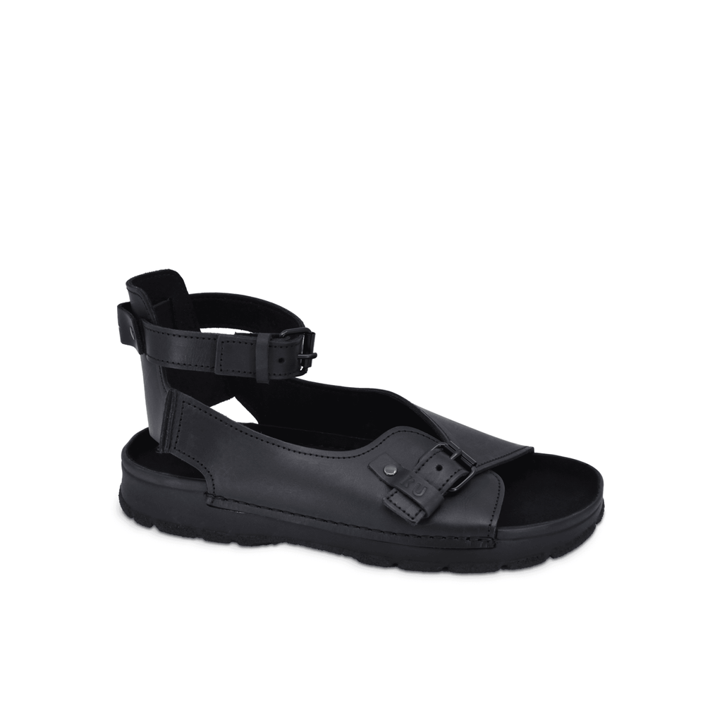 soft black toku athens sandals with adjustable ankle strap, showcasing natural leather and cozy microfiber lining