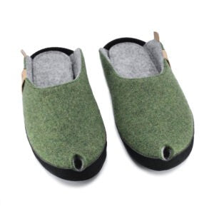 bold moss green toku brussels slippers with arch support and black microfibre sole, handmade in estonia
