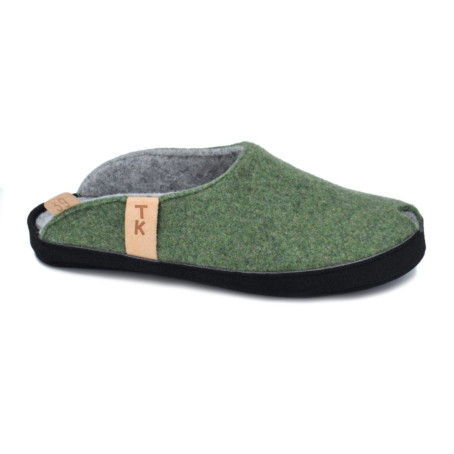 moss green toku brussels slippers with black microfibre sole, showcasing durable arch support and handmade lambswool felt