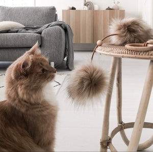 bold close-up of the tollo cappuccino cat toy with natural leather and soft faux fur balls