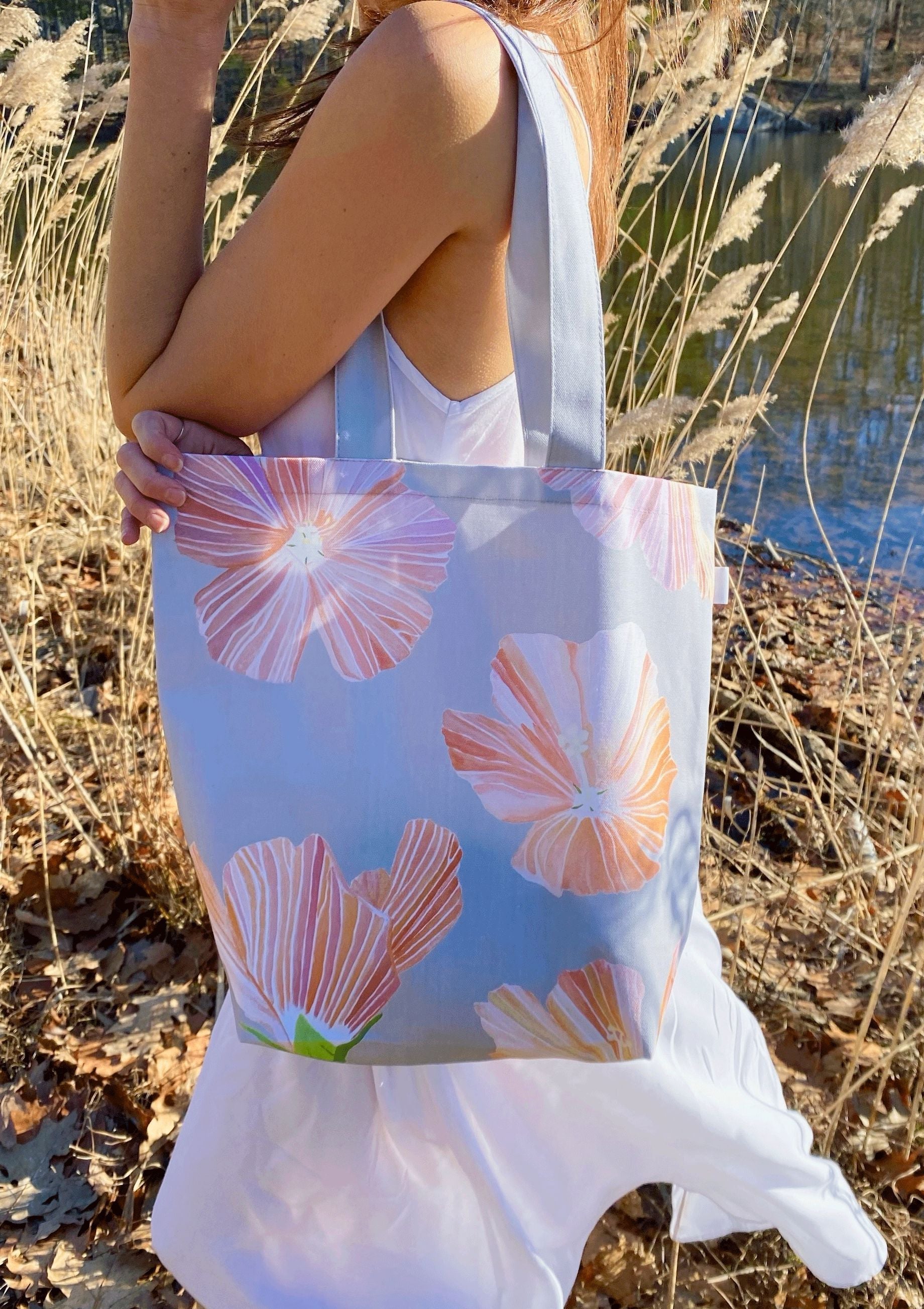 Hibiscus on Grey Cotton Canvas Tote Bag