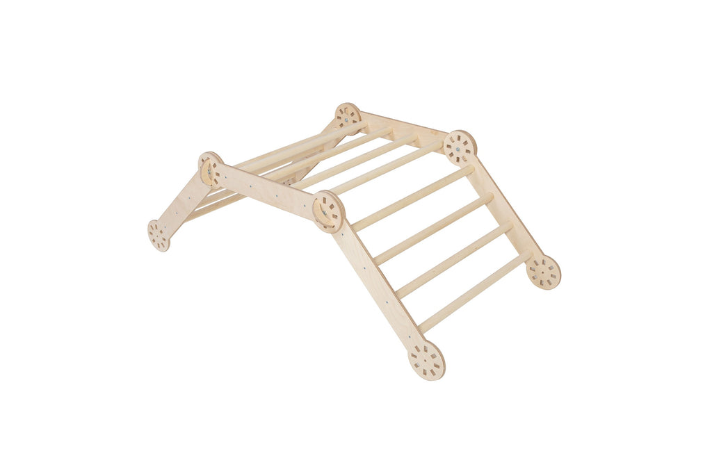 foldable montessori climbing triangle in warm natural light, showcasing sturdy baltic birch construction and compact design