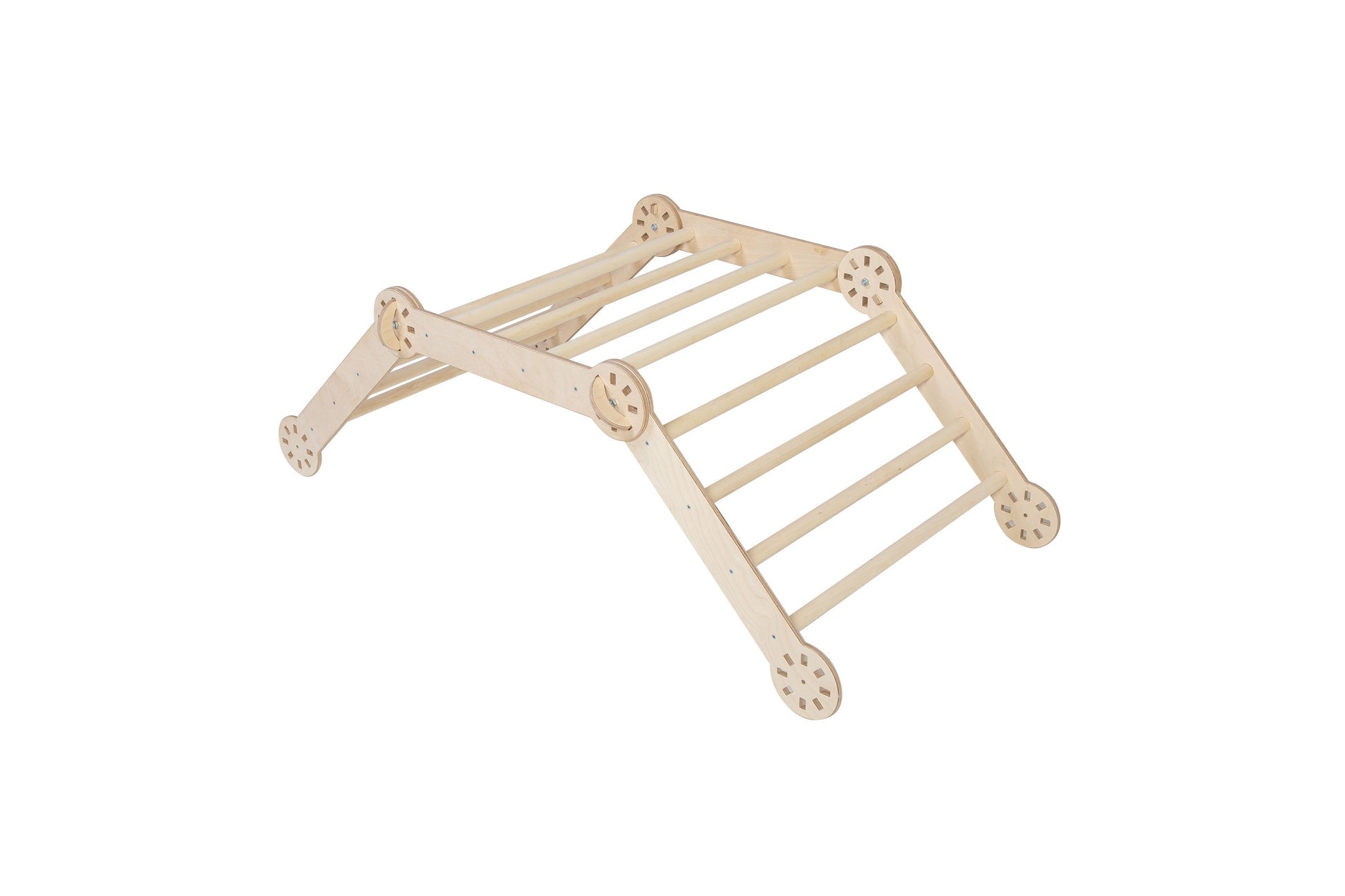 foldable montessori climbing triangle in warm natural light, showcasing sturdy baltic birch construction and compact design